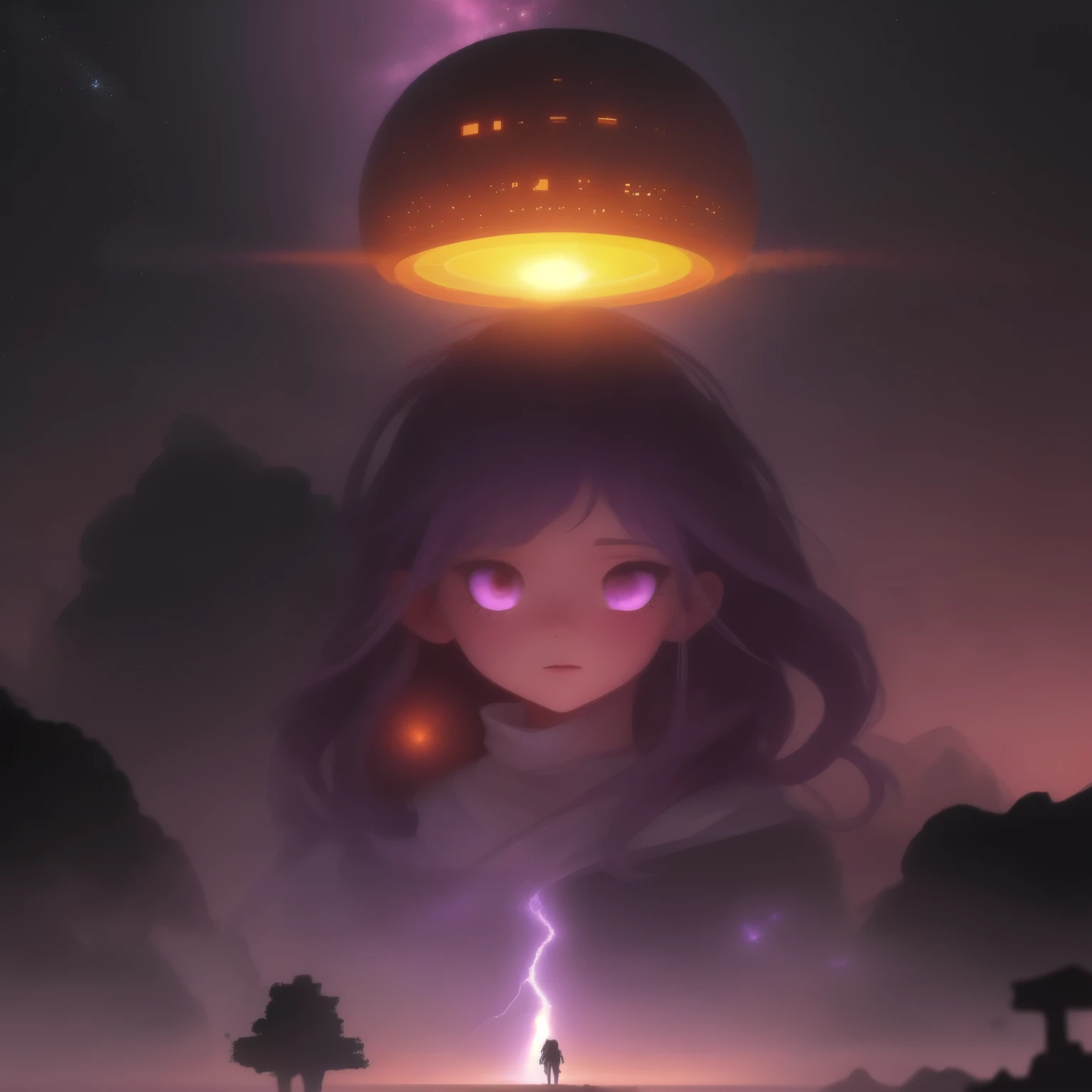 A spaceship's sleek silhouette pierces the misty purple horizon, its occupants silhouetted against the radiant glow. Amidst the twinkling lights of the alien planet, a lone figure stands at the edge, her features illuminated by the soft luminescence. In the distance, two vibrant crimson gas giants clash, their fiery atmospheres crackling with energy as they collide, unleashing a celestial explosion of starlight and debris across the mist-shrouded sea.