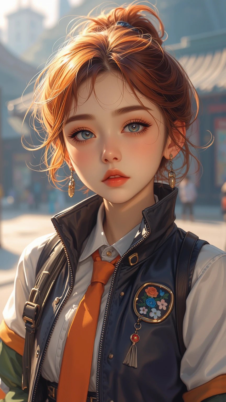 Hard breast, redhead, red hair, freckles, long straight hair, European youth, (japan school uniform), detailed face, detailed eyes, fashion photorealism, photography, sharpness, unique 850 4, rich color, hyperrealistic texture, spectacular light texture, surreal art, Cinestil 800 fashion mechanism, dynamic angle, wide shot