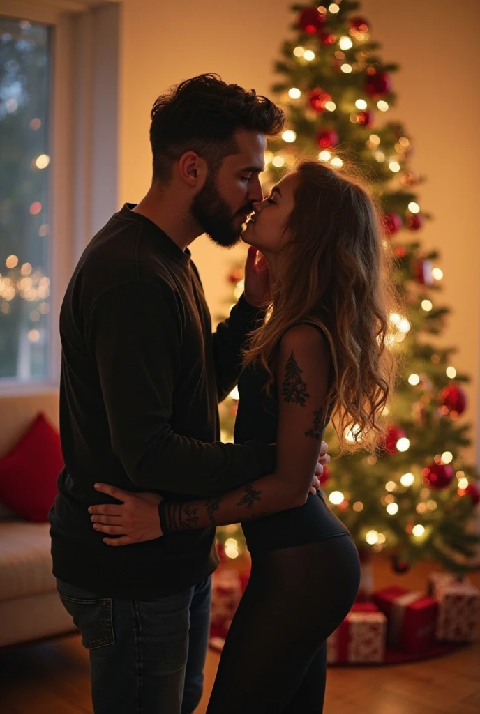 auburn haired Norwegian nude woman hugging a dark haired nude man in front of a Christmas tree. indoors, night, warm light