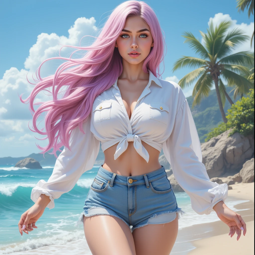 a girl, pretty long hair ,pink hair, blue color inner hair, fox ears, unbuttoned jeans (shorts), Bra Peek | Goofy Ai, turquoise blue eyes, with a golden bracelet, a pink jewel necklace, em uma praia, high resolution, super detaill, 8k, Overview