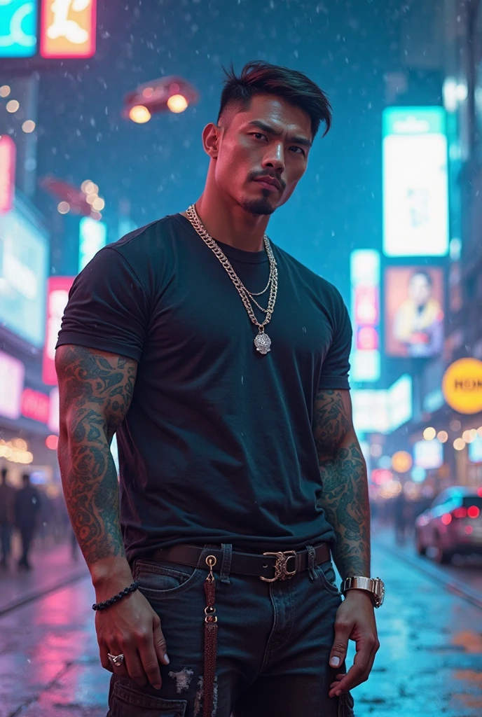 18 year old American boy, Western facial features, has a strong body and tattoos on his arms, has a basic and somewhat rocker style, has a haircut a short undercut, rigid and dominant posture