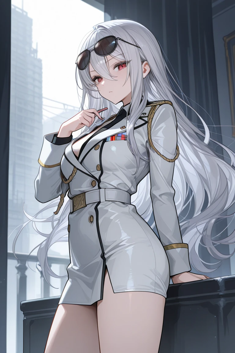 1girl, {solo}, upper body ,{{ {looking at viewer}}}, arm at side, concept art, white background, simple background, white hair, silver gradiient hair , gold eye,complex cloth, asymmetrical clothes, virtual youtuber, best quality, masterpiece, dynamic angle, disgaea style, disgaea style, disgaea style, from above, leaning forward, high ponytail, cowboy_shot, looking_back, grabbing, girl,woman,female, young,20 years old, very long hair, flipped hair, silver hair, flowing hair, ahoge, smirk, beautiful and delicate golden eyes, teeth, medium_breasts, blonde eyes, grey Clothes, grey coat, whiteshirt, black trousers, open jacket, black Clothes,transparent_background, backlighting, absurdres, highres, ultra detailed,