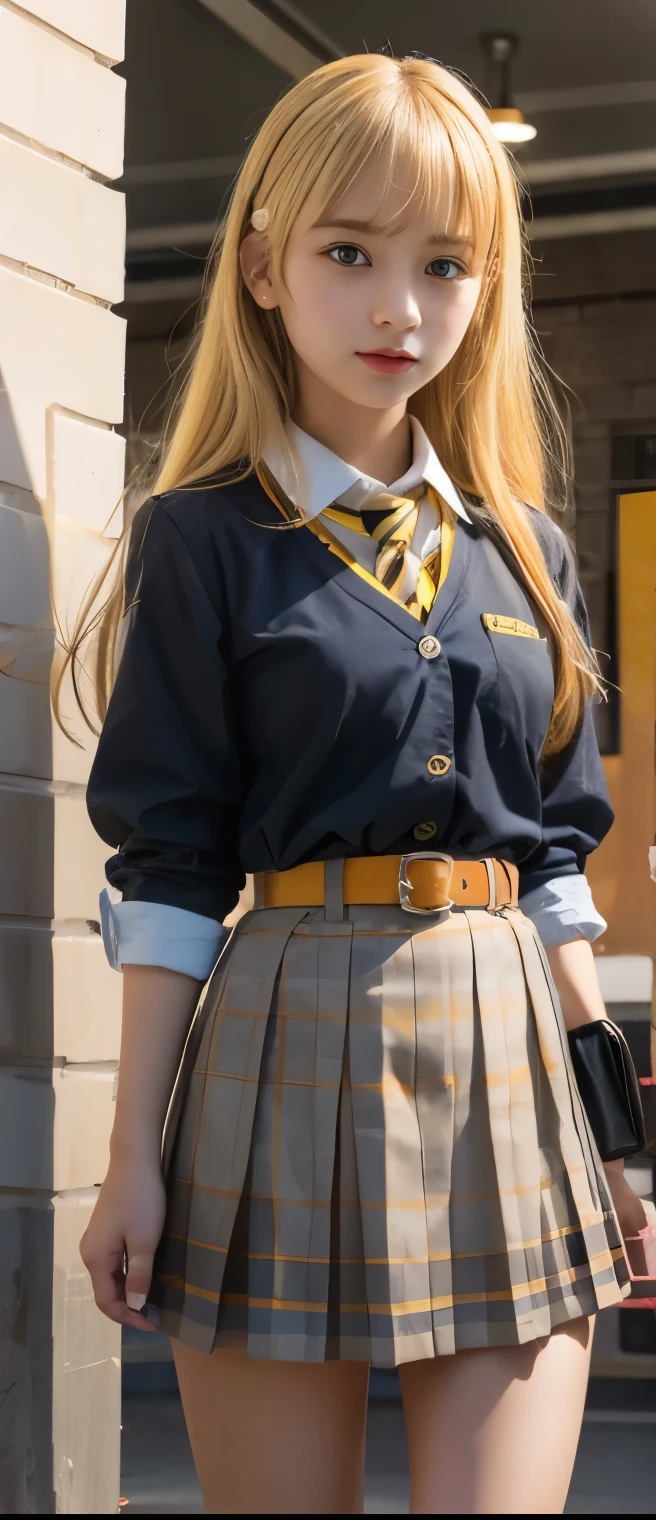 cool high school girl(blond hair)Skirt Up、A pure girl's face、 hypo、orange and yellow high school uniform(checkered park belt