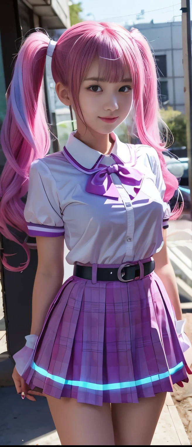 flashy high school girl(pigtails)Skirt Up、A pure girl's face、 hypo、Fluorescent Pink and Purple High School Uniforms(checkered miniskirt)、Ghost Belt 、Glowing Pop Ghost