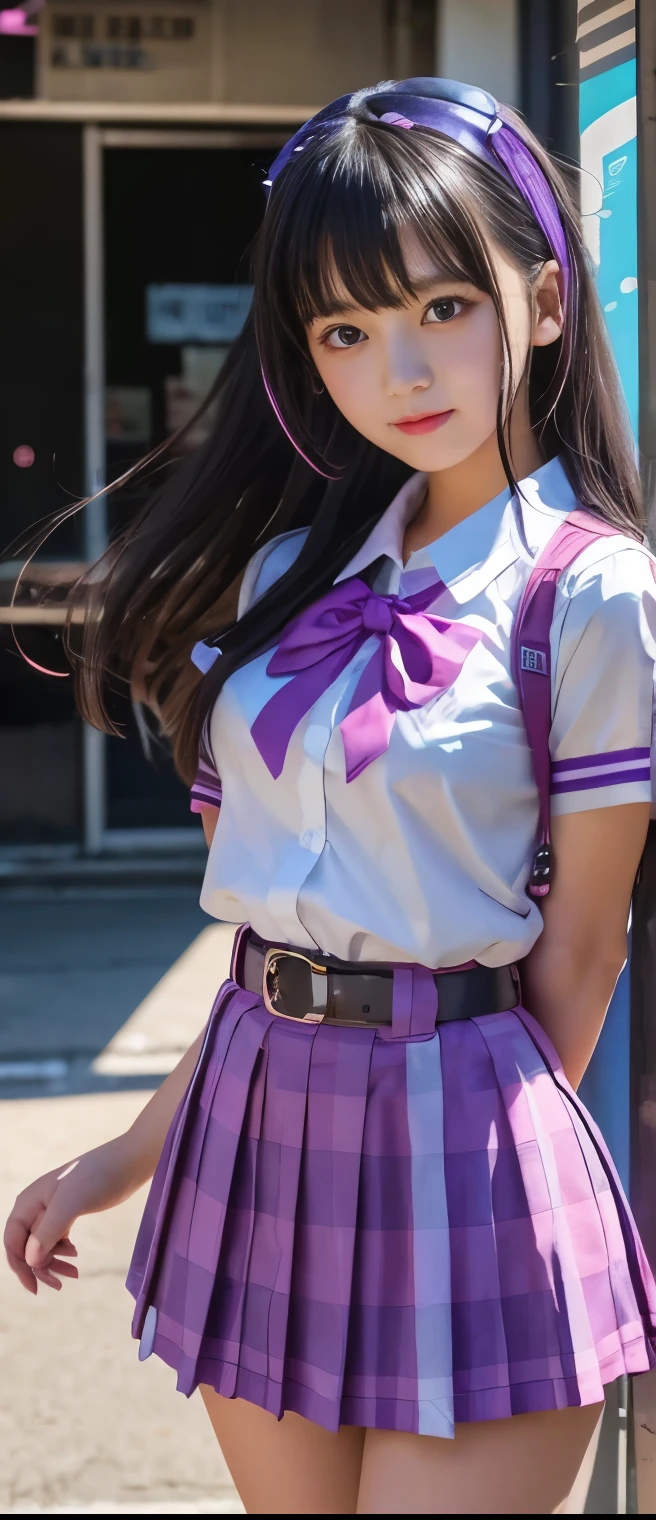 Cool High School Girl Skirt Up、A pure girl's face、 hypo、fluorescent pink and purple high school uniform（checkered miniskirt）、Ghost Belt 、Glowing Pop Ghost