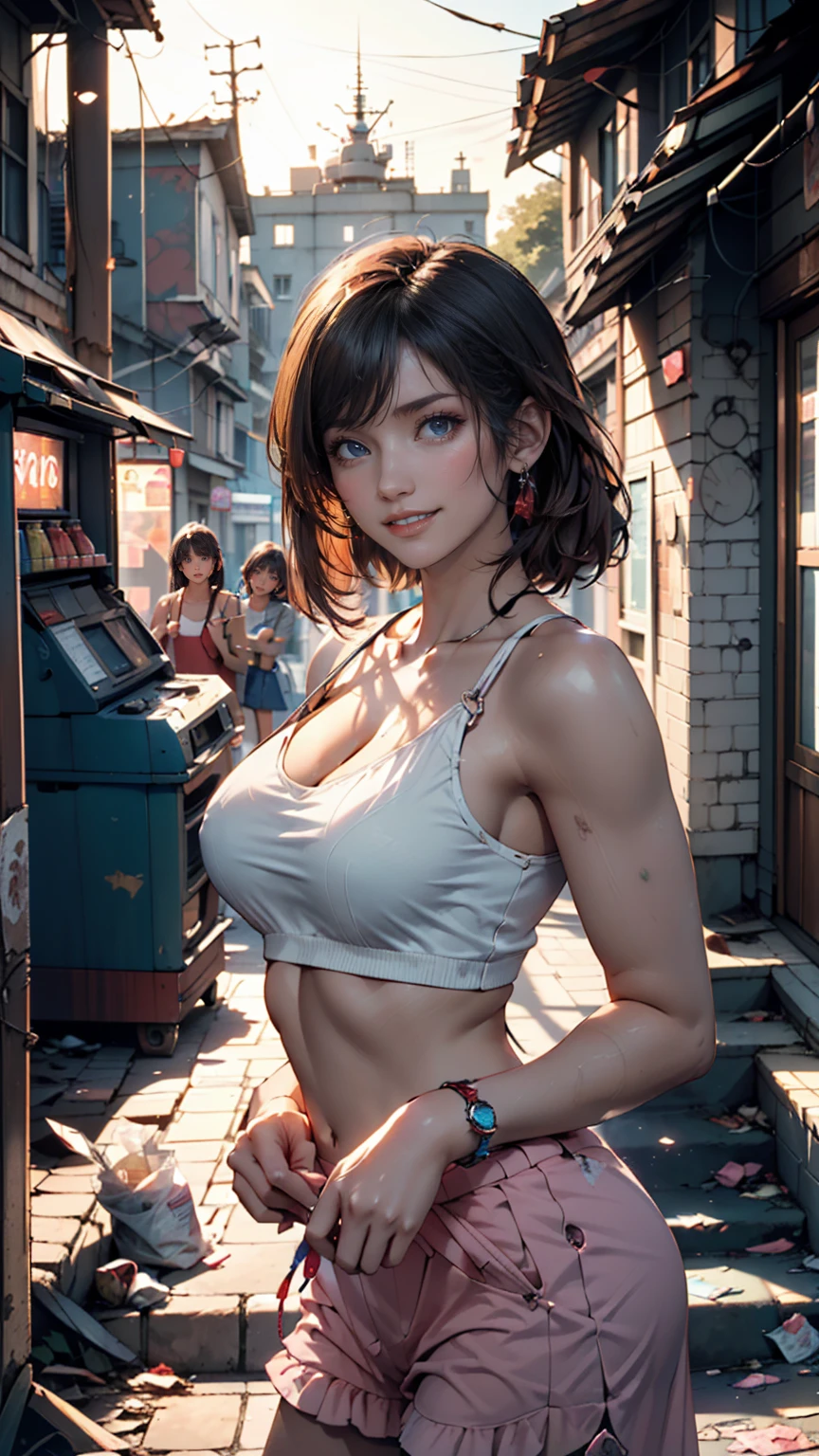 masterpiece, best quality, ultra detailed, 8k, raw photo, photorealistic, 1girl, solo, rim lighting, ultra detailed face, (contrapposto:1.1), shoot from front, face close-up, (head shot:1.6), upper body, grin, beautiful 15 years old russian girl, light pink lips, light brown straight short hair with bangs, ((light brown thin eyebrows)), oily skin, wet skin, wearing white latex bikini, put on hi-tech headphone, carry a hi-tech backpack, medium breasts, residential area in cyberpunk city, thunderhead in the sky, midsummer