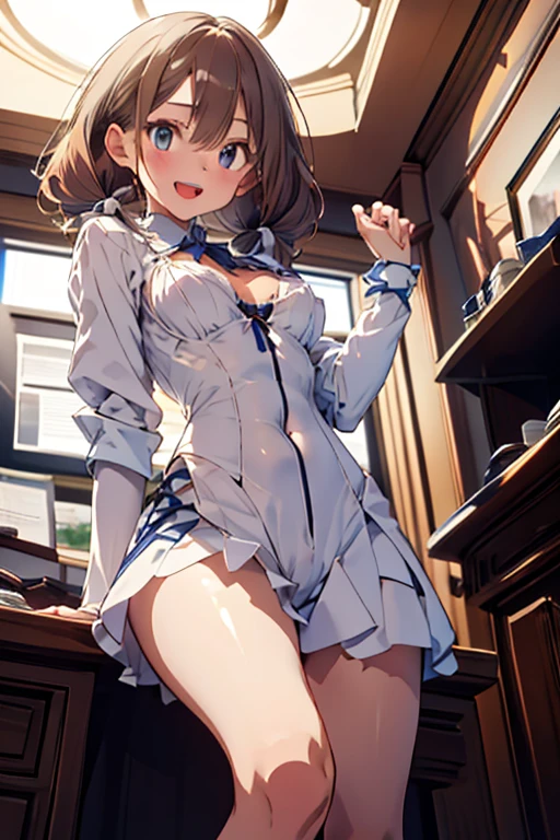 1 Girl, Solitary, Underwear, underwear, breast, skirt, hexist, Halo, Large target_breast, blue_hair, Umbilical cord, hair_Exceed_one_Eye, long_hair, White_skirt, White_, White_background, hair_Decorations, hairclip, clothing_lift, bow_, lifted_go through_Own, _background, skirt_lift, sock, from_below, Watching_exist_Viewer, long_sleeve, bow, diaphragm, blush, side_Ponytail, Berets, thigh, Bangs, shirt, Black_Headdress, blue_Eyes,