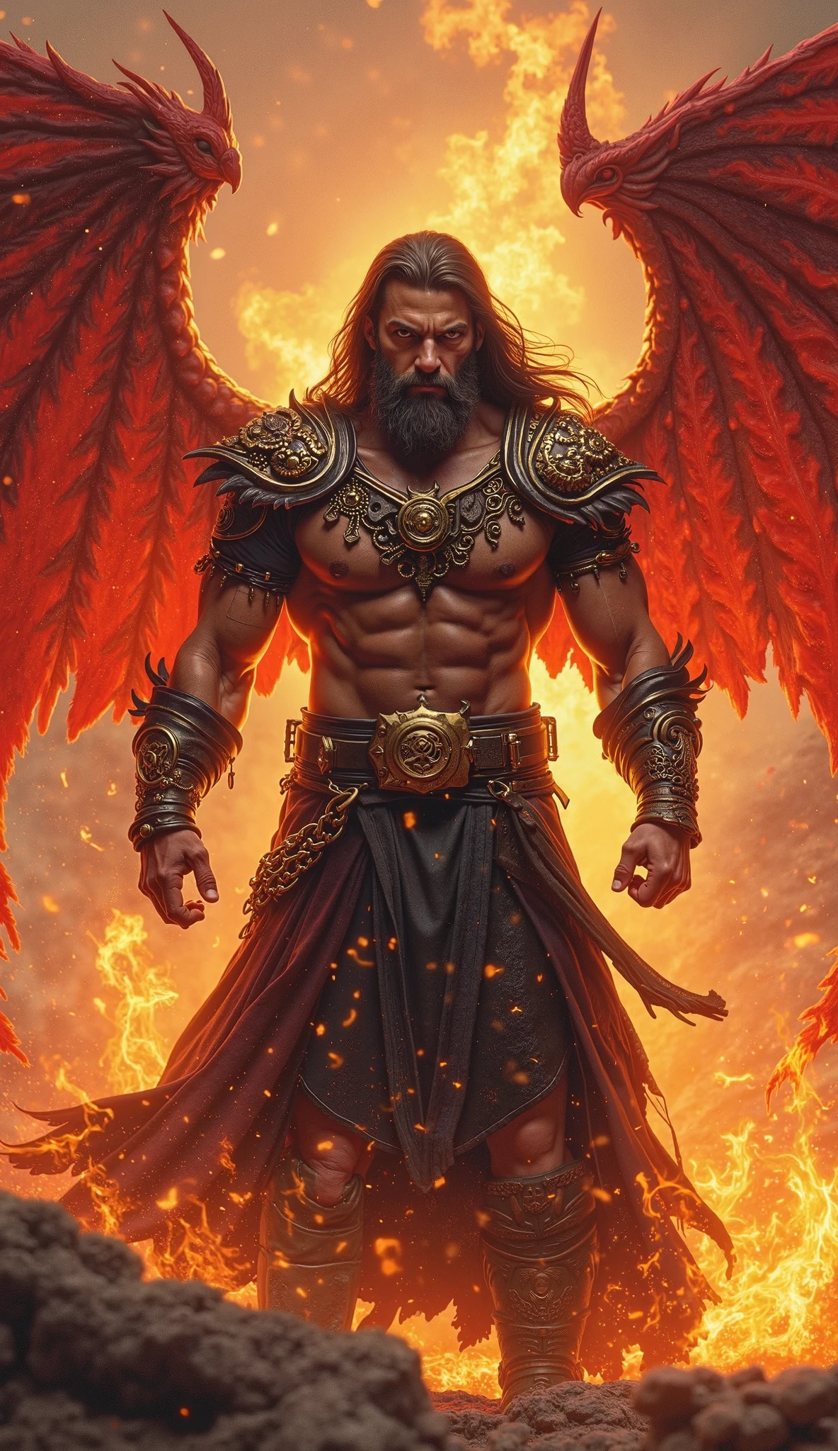 (best quality,4k,8k,highres,masterpiece:1.2),ultra-detailed,(realistic,photorealistic,photo-realistic:1.37),man with phoenix wings on his back,fire surrounding his fist,feathers,captivating expression,flaming wings spread wide,Fiery light,cinematic mood,dramatic angle,heroic stance,mythical creature,sculptural details,radiating power,celestial aura,vibrant color palette,scorching flames,epic fantasy,mythological hero,heroic mythology,combustible energy,luminous heat,dynamic movement,high-contrast lighting,archetypal figure,detailed feather texture,mythical symbolism,fiery trails,embodying strength and grace,vividly glowing embers,powerful presence,extraordinary supernatural ability,astral fire,enduring power and rebirth,fiery spirit,awe-inspiring spectacle