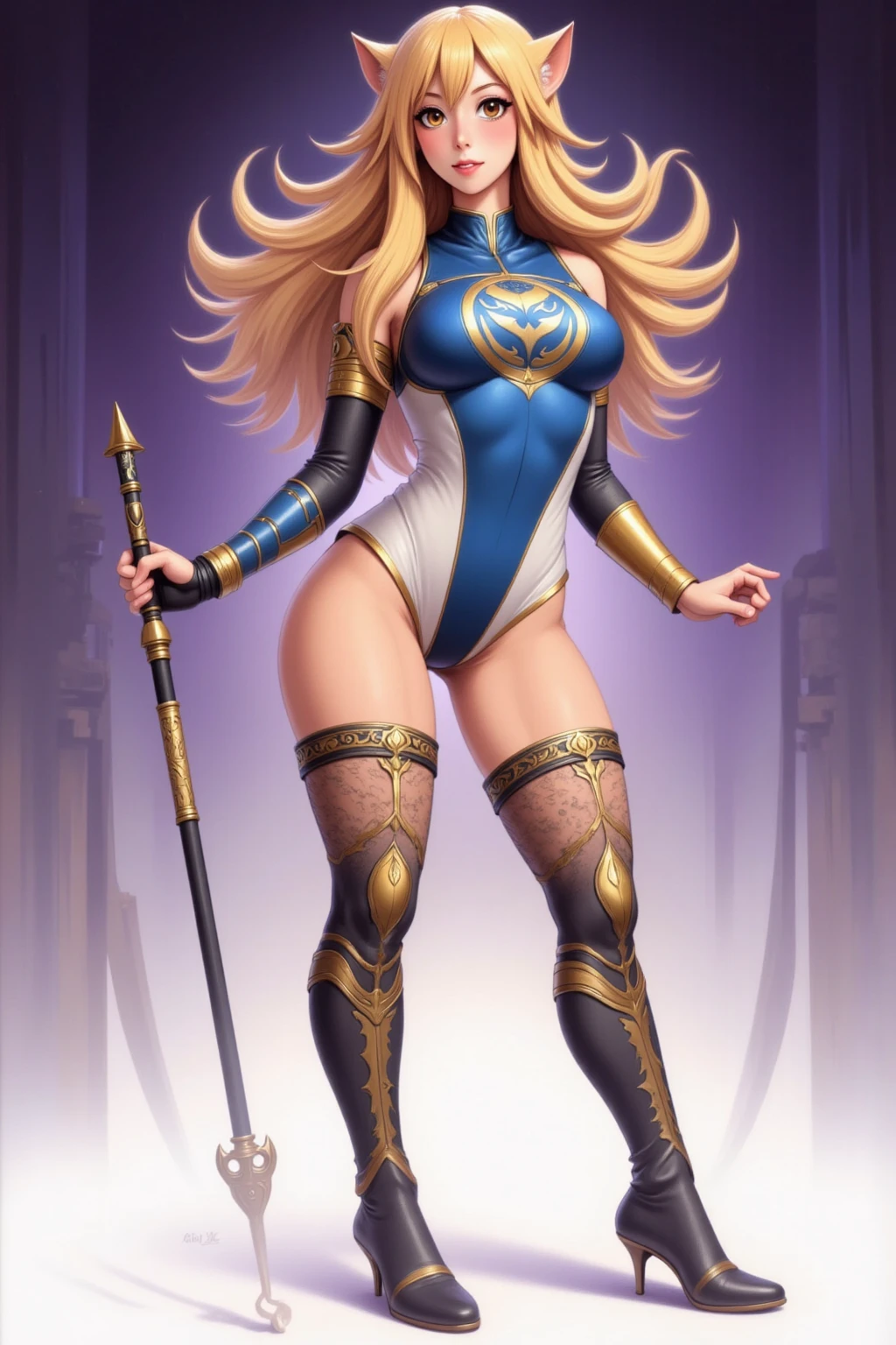 (Forrest from Fire Emblem Fates) 1 solo female full body standing straight symmetrical, looking at viewer, hands on hips, striped tights, golden bracelets, black choker with a golden heart pendant, hands on hips, confident smile, blushed cheeks