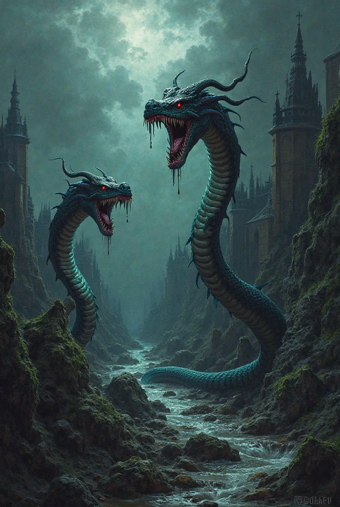 giant snake, emerging from a lake, at night, atmosphere, fog