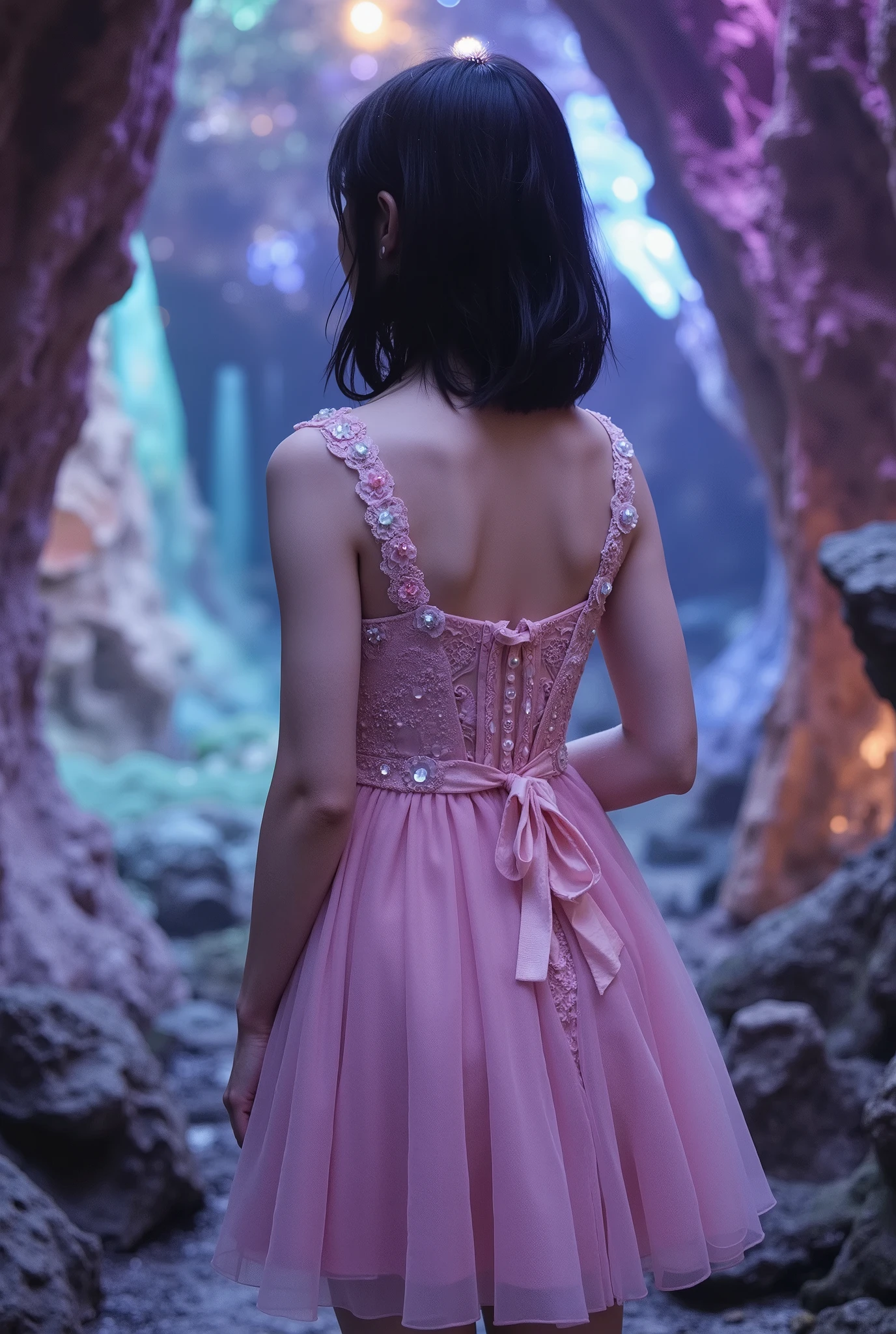 Create an image of a fair-skinned Japanese girl stands gracefully in a knee-length, whimsical mini dress. Her medium-length straight hair flows gently around her shoulders. The enchanting backdrop features a fantastical mineral cave, illuminated by the vibrant colors of shimmering crystals. The scene is enhanced with cinematic lighting, creating a magical atmosphere.