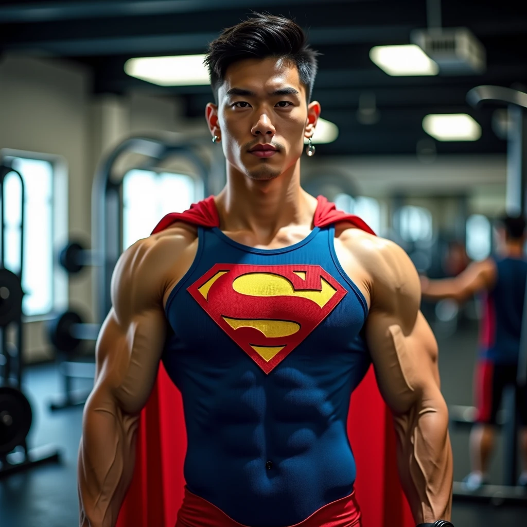 8K korean mALE 25 year old bodybuilder with a superman tattoo IN 5 inch shorts