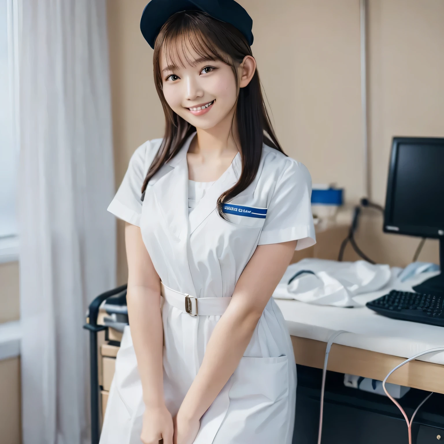 A breathtakingly beautiful 20-year-old woman stands in a warmly lit hospital room, dressed in a white mini-skirt nurse uniform with a matching cap. Her shy smile adds a touch of charm, while the surrounding medical equipment and furnishings create an authentic yet welcoming atmosphere. Long hair, black hair, dark eyes.