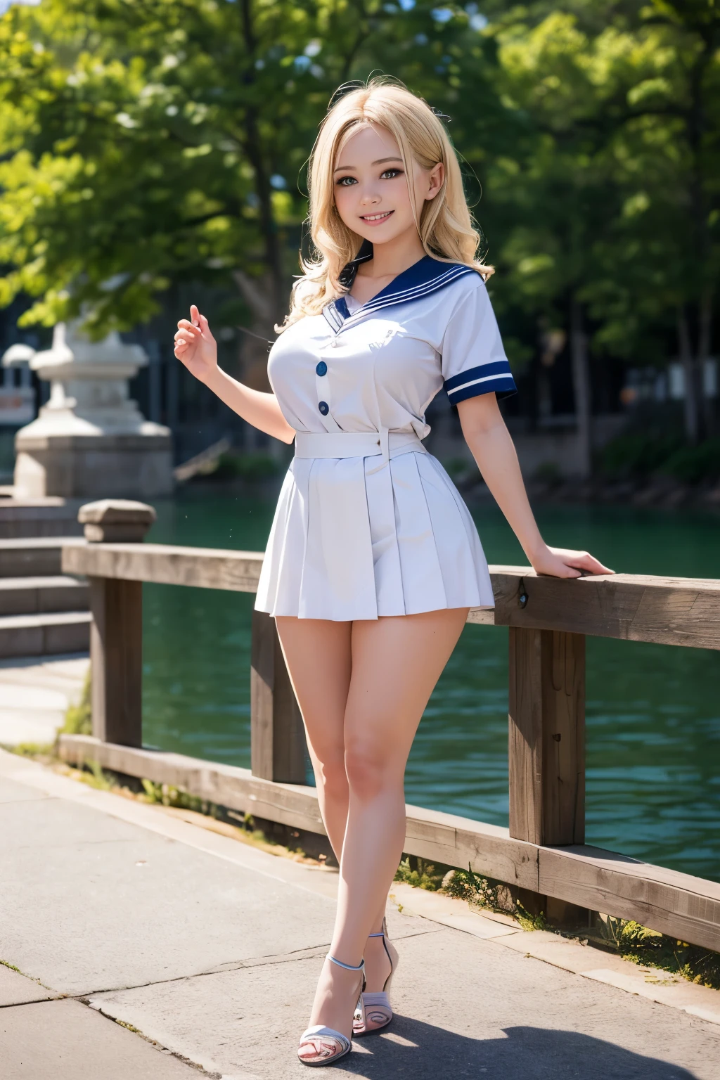 Perfect composition, Proper placement, Golden Ratio, masterpiece, best quality, high definition , one Girl, Cute (Girl:(li:1.5), full body focus, full body shot, view the viewer, smiling, standing, Wearing a Japanese High School Sailor Suit:1.331, Winter Short sleeve uniform , Blue ribbon, Anatomically Correct Ratio :1.331, has a small head :1.331, Curvy body:0.9, thin waist:1.331, Thin limbs:1.331, huge breasts, Light Blonde Hair, wavy medium hair, bare legs, white pin high heels, Summer evening, Sunny, outdoor, Lake side, old blurry photos, Faded photos , Light and Shadow, Movie Lighting,