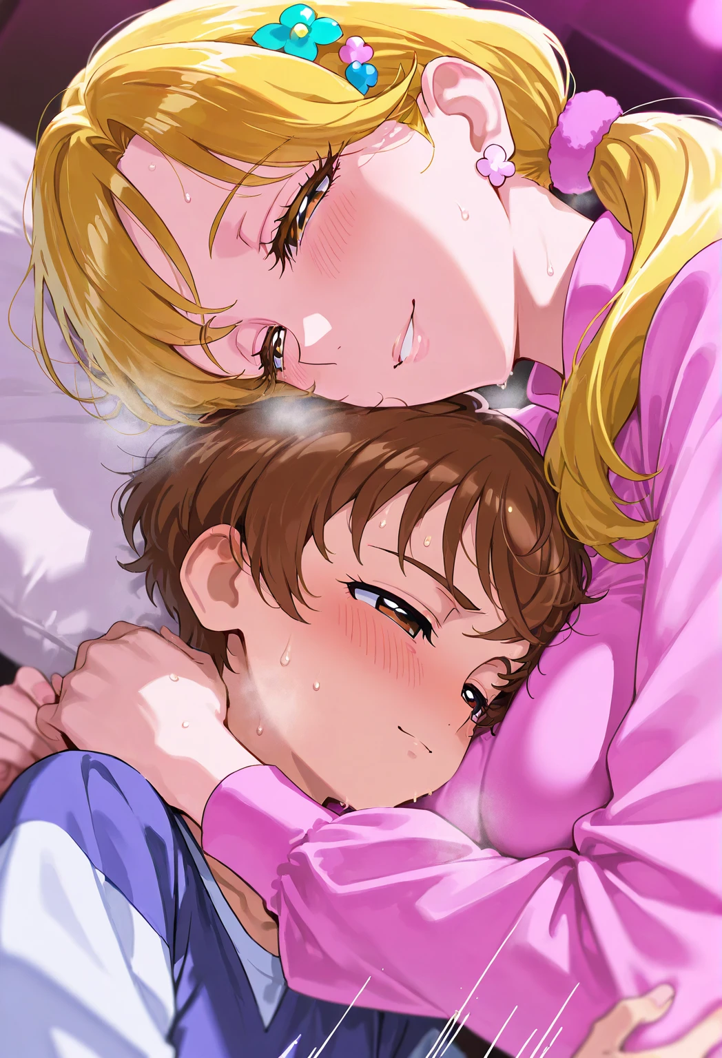 A boy about 2 with pale skin, Blue eyes and shoulder-length honey brown hair , while holding a newborn baby with black hair and blue eyes, while lying in a hospital bed, anime style