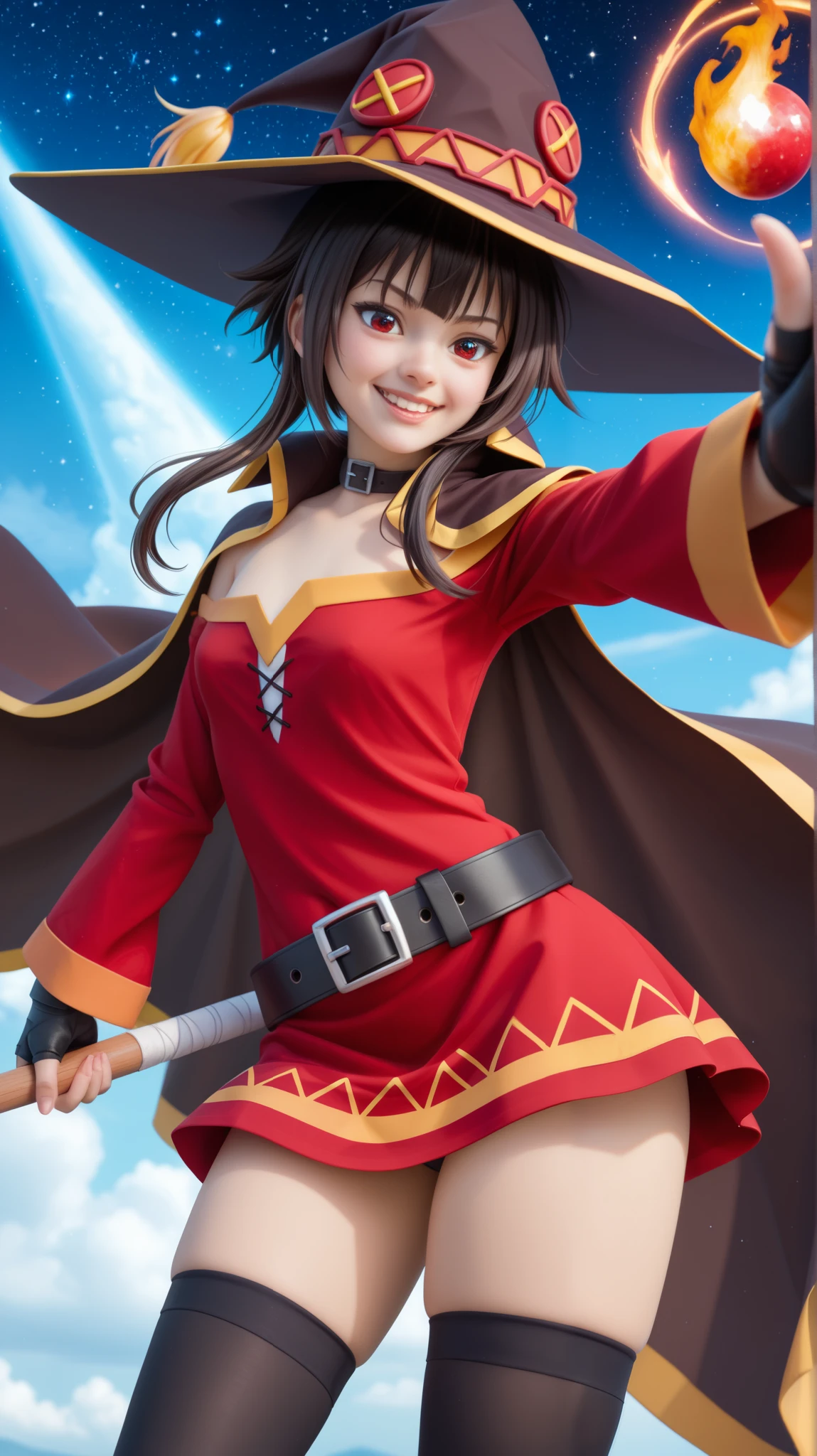 A hyperrealistic, ultra-detailed 8K image of Megumin from Konosuba, striking a dynamic and playful pose, extending her right hand forward in a confident, magical stance, while her left hand lifts the brim of her iconic black wizard hat with red and gold accents. Her crimson eyes shine with excitement, her expression is cheerful and full of energy, and her dark brown messy hair flows naturally.

She wears her signature red and gold sorceress outfit, including fingerless black gloves, a short red dress with a black belt, thigh-high stockings, and a black cape with golden trim. Her staff is held diagonally, emitting bright golden flames and magical sparks.

Beside her, Chomusuke, her small black cat companion with tiny bat wings, hovers playfully, looking cute and mischievous.

The background features a cosmic, starry sky with floating sparkles and magical energy swirling around them, enhancing the fantasy atmosphere.

Shot with a Sony A7R IV + 85mm f/1.4 lens, using a mid-range action shot perspective, focusing on Megumin’s face, expression, and dynamic pose. Perfect lighting enhances skin textures, hair realism, and intricate outfit details.

--ar 16:9 --v 6 --style raw --q 2 --stylize 750 --tile --hd --upbeta