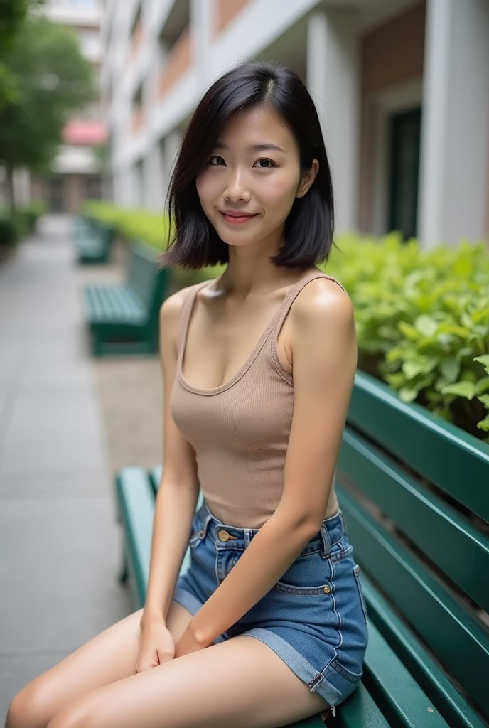 (masterpiece, top quality, best quality, extreme detailed, colorful, highest detailed, Dreamy Atmosphere, Bright color, real photo, real skin. Hyper realistic, 1girl, Indonesian Chinese young girl, medium hair, light smile, detailed skin, city street background, slender body, sitting front view on a bench, ((spreading legs)), morning time, small breasts. She's wearing white collar tshirt, (open shirt:1.2) and black pencil miniskirt, showing white silky panties, soft front studio lighting