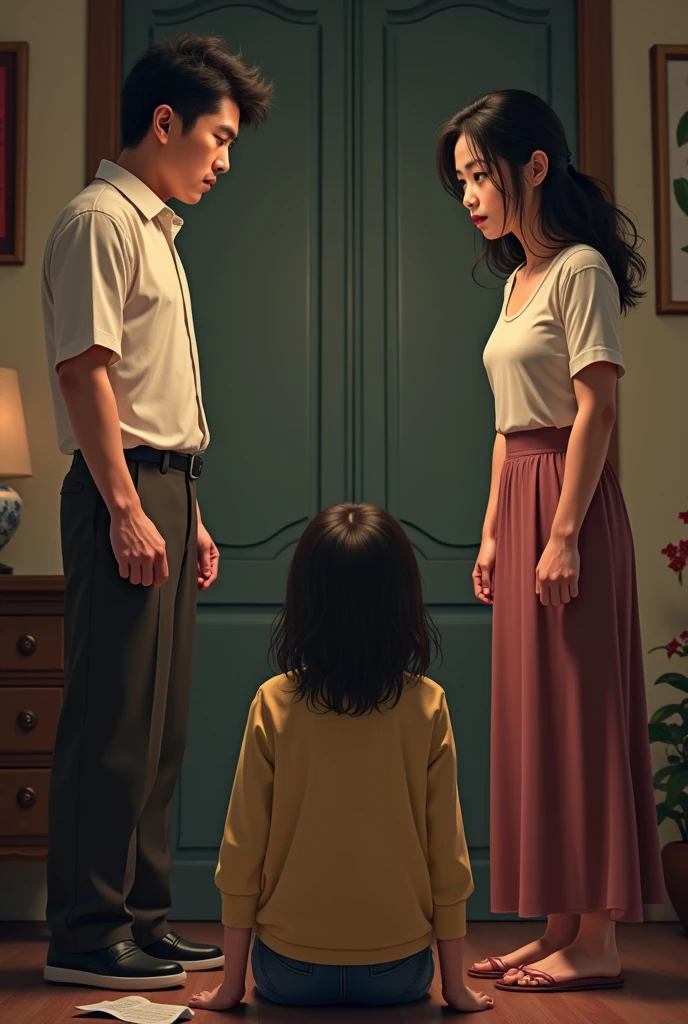 Be,Man and woman sitting back to back at home,Not a word,The atmosphere is very silent,The child could only quietly look at the two of them from the door.