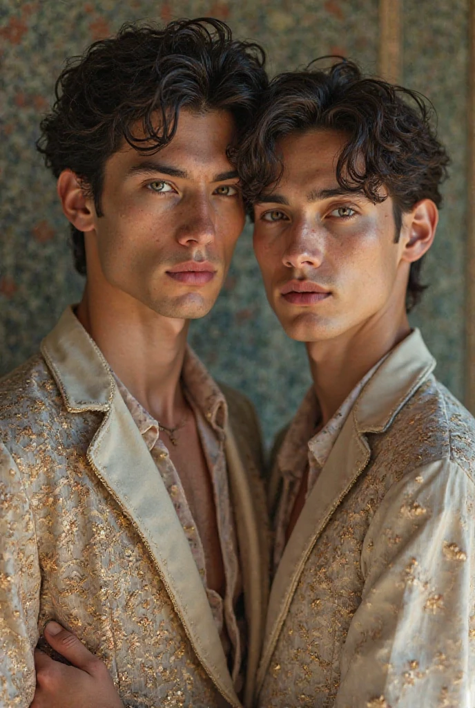 (photorealistic, ultra realistic, masterpiece:1.2, detailed face, best quality, DSLR, RAW, highres, 4k), Fantasy art style, imagine the zodiac sign Gemini depicted through captivating male twin models with dualistic auras. Their sexy opposing appearances and skimpy clothing complement their two distinct personas, showcasing their versatility and charm.