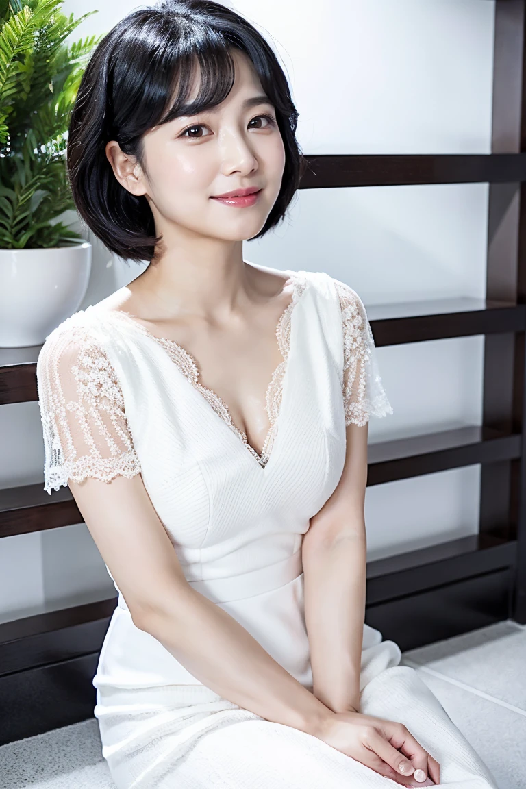 (masterpiece:1.3), (8k, Realistic, Raw photo, highest quality: 1.4), Japanese people々, (1 girl), Beautiful Face, (Realistic Face), (Black Hair, short hair:1.3), Beautiful hairstyle, Realistic eyes, Beautiful details, (Realistic Skin), Beautiful Skin, Charm, Ultra-high resolution, Ultra-realistic, Attention to detail, Golden Ratio, (deadly face:1.2), Look at the people watching,smile, Open white shirt, Mid-breasted, Are standing, Hands on hips, wear inner shirt, 45 year old mature woman, naked, nude, Huge, Slack, big, Obscene body, Beautiful Mature Erotic