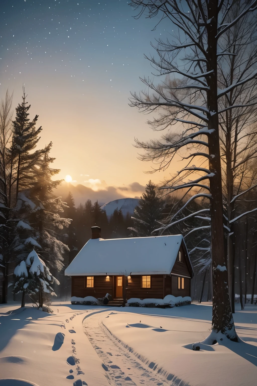 painting of a snowy landscape with a house and trees, winter painting, winter setting, inspired by Evgeny Lushpin, cold sunset, 2 0 2 1 award winning painting, 2021 award winning painting, painting of, sunset glow, 2 0 2 0 award winning painting, inspired by Lionel Walden, by David Small, large twin sunset, evening sunset