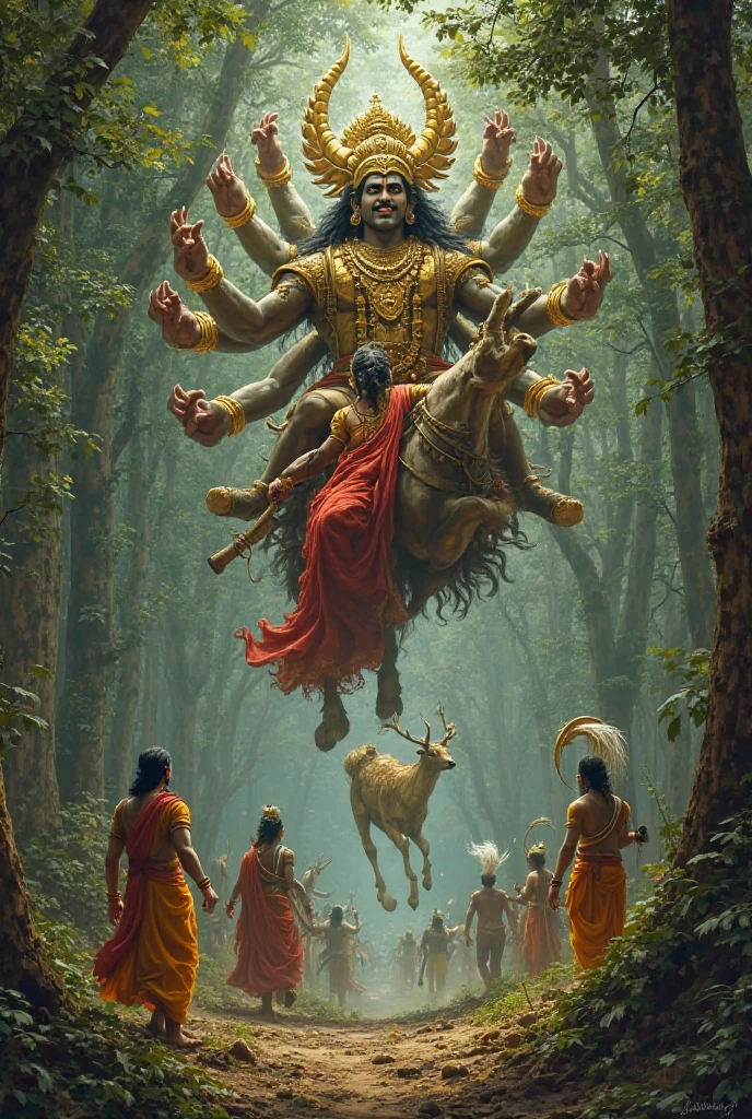 In cinematic 3d cartoon style"Ravana Kidnaps Sita: "A dramatic scene in a lush, ancient forest where Ravana, with ten heads and twenty arms, is seen abducting Sita, who is crying out in distress. Ravana is flying away with Sita in his chariot, while Rama and Lakshmana, depicted in a state of shock and anger, look on from below"