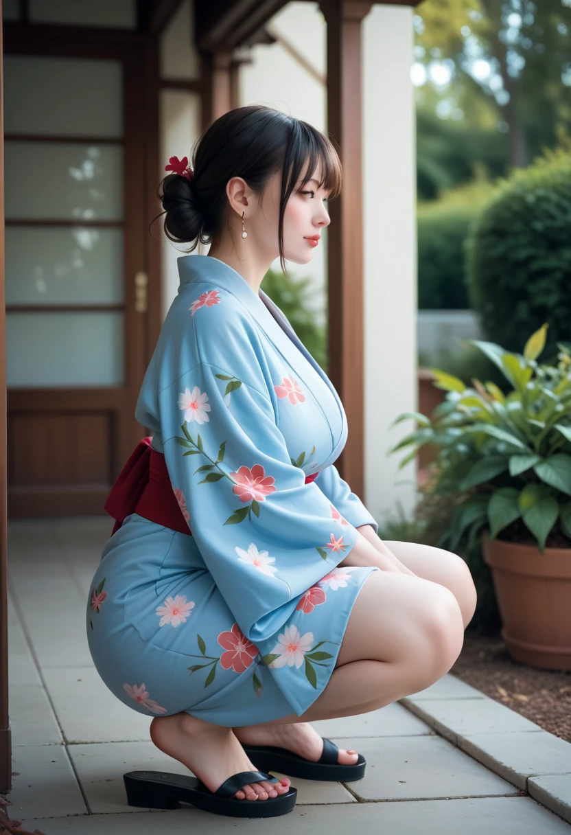 1girl with, ((masterpiece、top-quality、ultra-definition、hight resolution))、4K picture quality、((Beautuful Women))、22year old、wetted skin、radiant eyes、perfect eyes、(Beautiful Nordic sisters)、the beach,Background crowd、((Curly hair in braids、Bun1))、((Body Portrait))、(((Wearing an ultra-short red bell sleeve yukata)))、((The pattern of the yukata is、They range from fancy floral patterns to swallowtail butterflies..))、((Use primary colors for yukata colors))、masterpiece、top-quality、ultra-definition、hight resolution))、4K picture quality、(Wearing an ultra-short red bell sleeve yukata)、(Click here for the line of sight)、((Show panties))、Opening legs、Show white panties、cleavage of the breast、((Show off big round buttocks、Tight yukata stretched around big thighs and buttocks))、((Stick your butt out and show off))、(view from back)、Stunning buttocks、