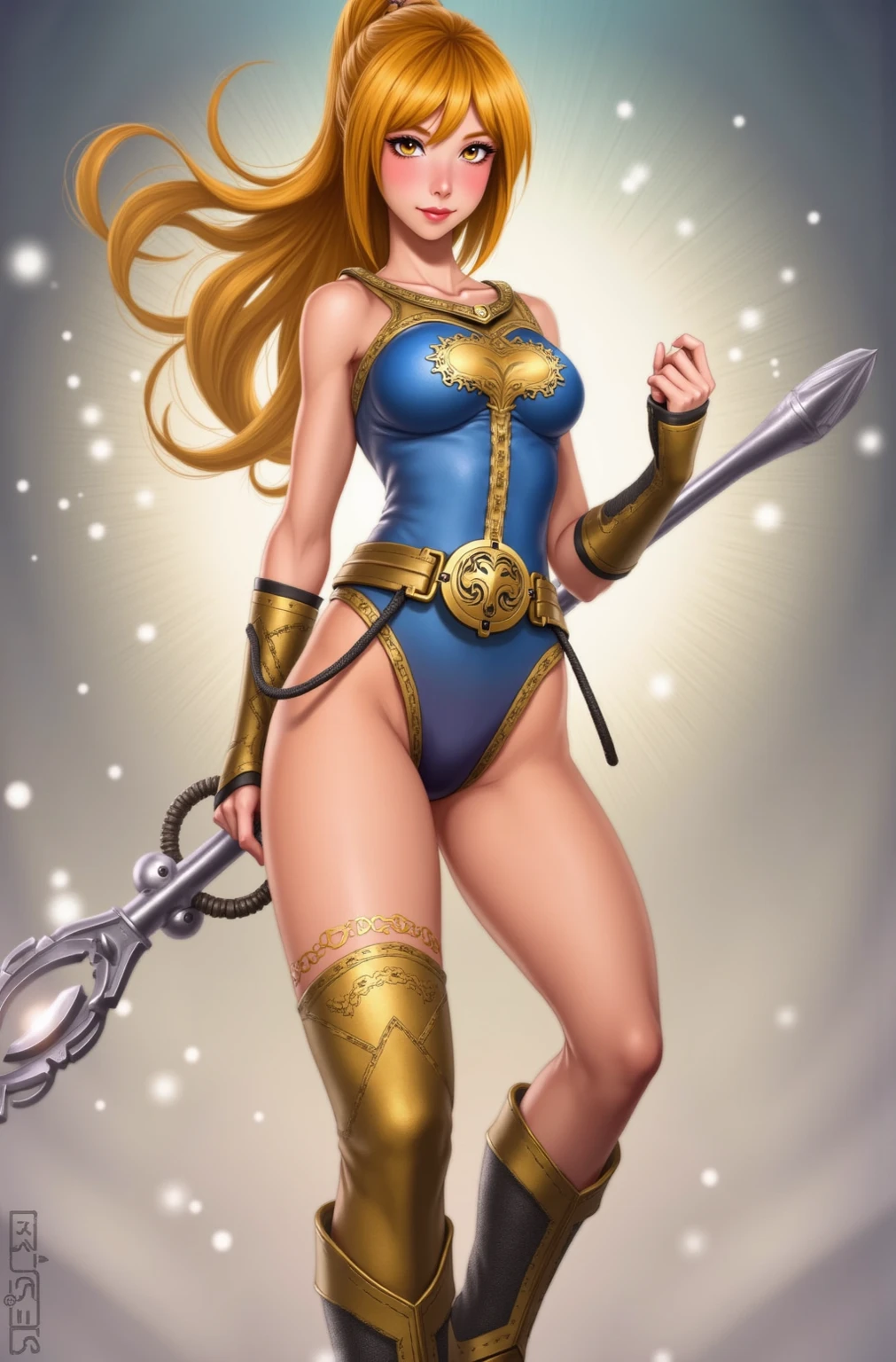 <lora:darkMagicianGirlLora_1:0.8>, masterpiece, high quality, (high resolution:1.21), (art by J. C. Leyendecker:1.4), (detailed illustration), 1girl, dark magician girl, large breasts, wide hips, pretty face, eyelashes, upturned eyes, very long blonde hair, blue dress, pink cape, pink fauld, blue bracers, blue cuffed boots, cleavage, pentacle, riding staff staff, wizard hat, (2d)