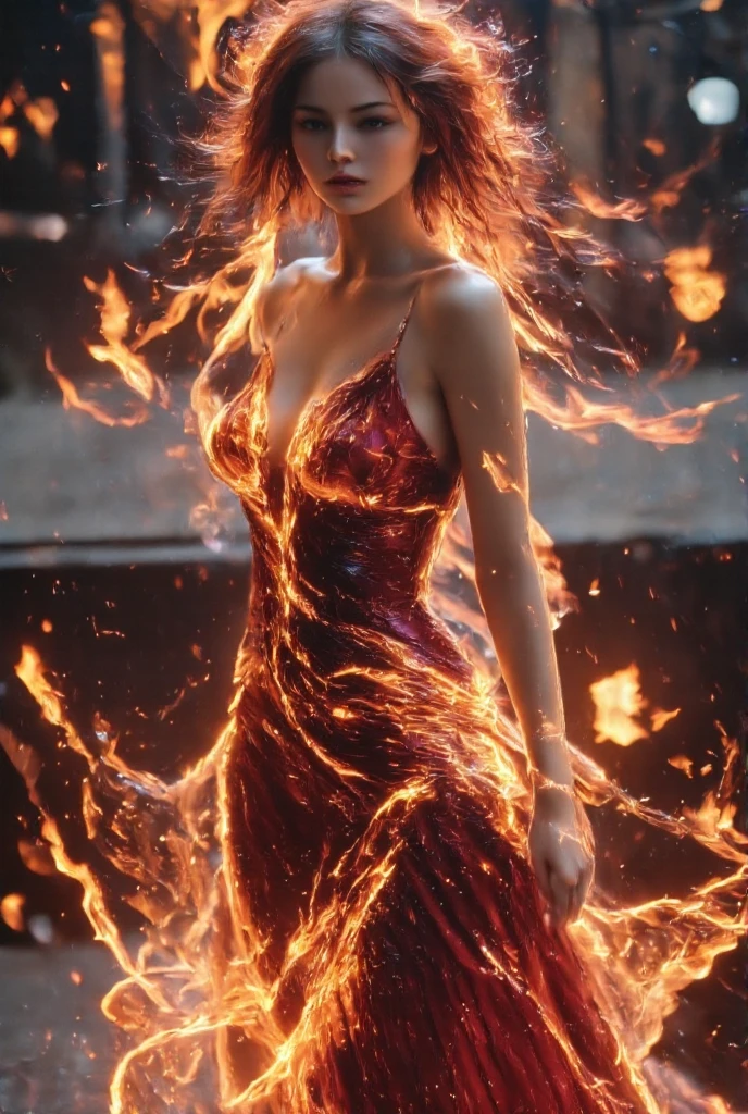 masterpiece, Best quality at best, A high resolution, (Flame/firey焰/loimu,dynamic scene:1.3),a girl standing in fire,firestorm, on fire, strange fantasy images, great skin texture,Magic Array, Cast spells, fanciful, Purple power, strength, firey, meteors,