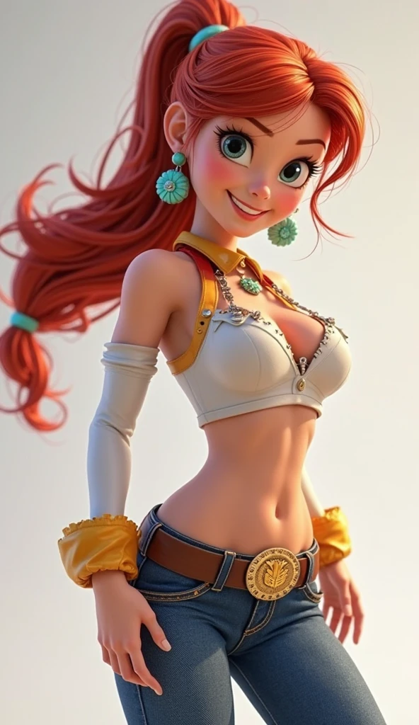 ,girl, peach skin, big cheeks, blue tight shorts, cow tights, cow blouse, black high heeled boots, maroon cowgirl hat, red long hair, green eyes, big lips, coquette lips, maroon eyebrows, makeup, brown belt, muscle, blush, golden bracelets, face close up, big eyes, big mouth, smile