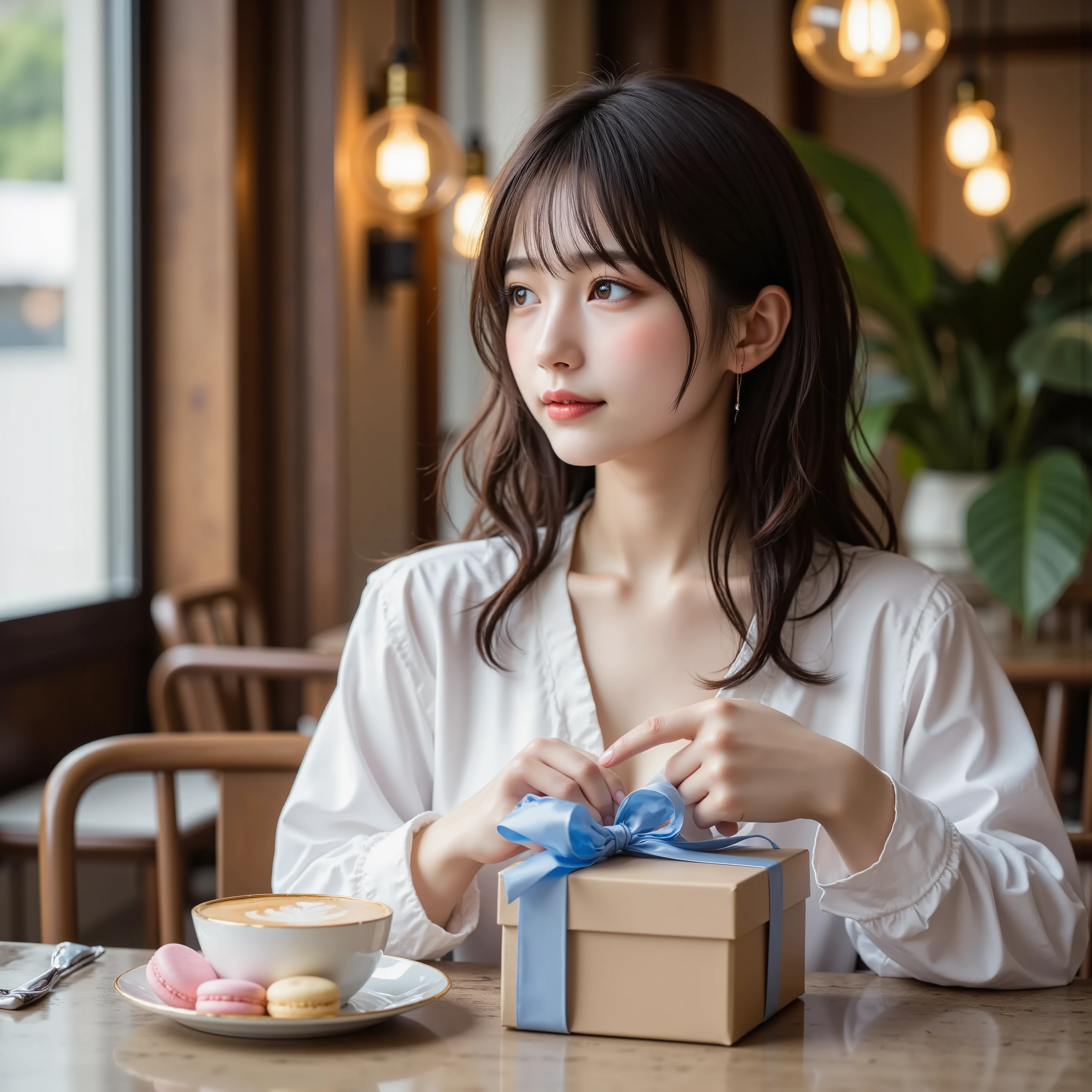 A breathtakingly realistic photograph. A stylish young Japanese female college student,soft wavy hair,no bang brown hair and subtle makeup sits at a table in an elegant cafe receiving a beautifully wrapped White Day gift. The gift is a beige box adorned with a silk blue ribbon reminiscent of high-end boutique packaging. She gently touches the ribbon with her slender hands and gazes at the gift with a natural smile.
The cafe exudes a sophisticated yet cozy atmosphere, with warm indirect lighting from hanging Edison bulbs, wood and marble textures, and lush plants that add a fresh touch. Next to the gift sits an artisanal cappuccino with delicate latte art and a gold-rimmed dessert plate topped with pastel-colored macaroons. The background is softly blurred, creating a bokeh effect with soft light reflections and the casual chatter of other patrons, enhancing the atmosphere.
Shot in **ultra-high resolution 8K, HDR, cinematic lighting**, the lighting on her face and reflective surfaces is dynamic. **Photorealistic depth of field, voluminous lighting, soft shadows, the subtle texture of her skin, and the smooth texture of the fabric and ribbons** enhance the scene. The final composition is a perfect blend of warmth, elegance and realism, making you feel as if time has stood still.