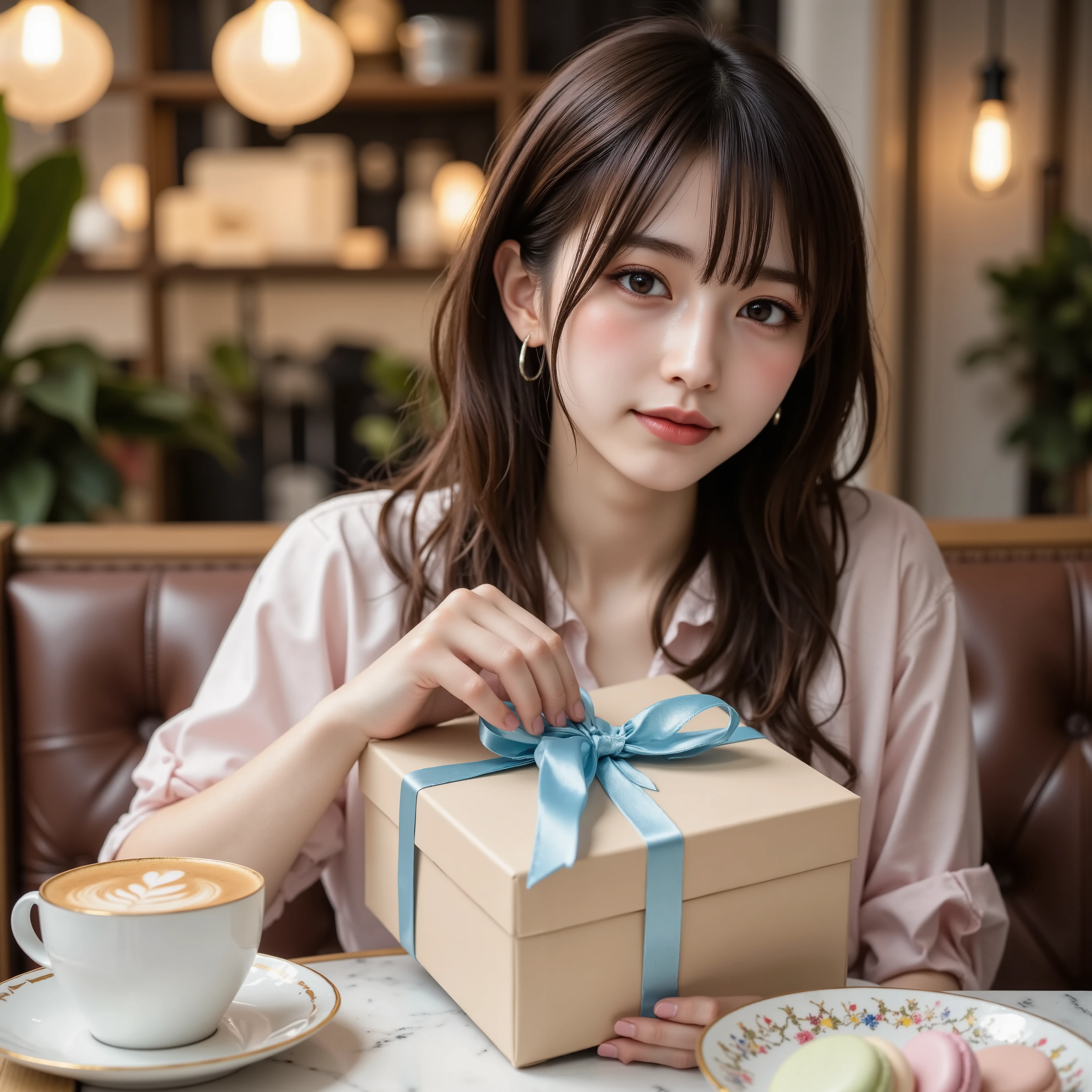 A breathtakingly realistic photograph. A stylish young Japanese female college student,soft wavy hair,no bang brown hair and subtle makeup sits at a table in an elegant cafe receiving a beautifully wrapped White Day gift. The gift is a beige box adorned with a silk blue ribbon reminiscent of high-end boutique packaging. She gently touches the ribbon with her slender hands and gazes at the gift with a natural smile.
The cafe exudes a sophisticated yet cozy atmosphere, with warm indirect lighting from hanging Edison bulbs, wood and marble textures, and lush plants that add a fresh touch. Next to the gift sits an artisanal cappuccino with delicate latte art and a gold-rimmed dessert plate topped with pastel-colored macaroons. The background is softly blurred, creating a bokeh effect with soft light reflections and the casual chatter of other patrons, enhancing the atmosphere.
Shot in **ultra-high resolution 8K, HDR, cinematic lighting**, the lighting on her face and reflective surfaces is dynamic. **Photorealistic depth of field, voluminous lighting, soft shadows, the subtle texture of her skin, and the smooth texture of the fabric and ribbons** enhance the scene. The final composition is a perfect blend of warmth, elegance and realism, making you feel as if time has stood still.