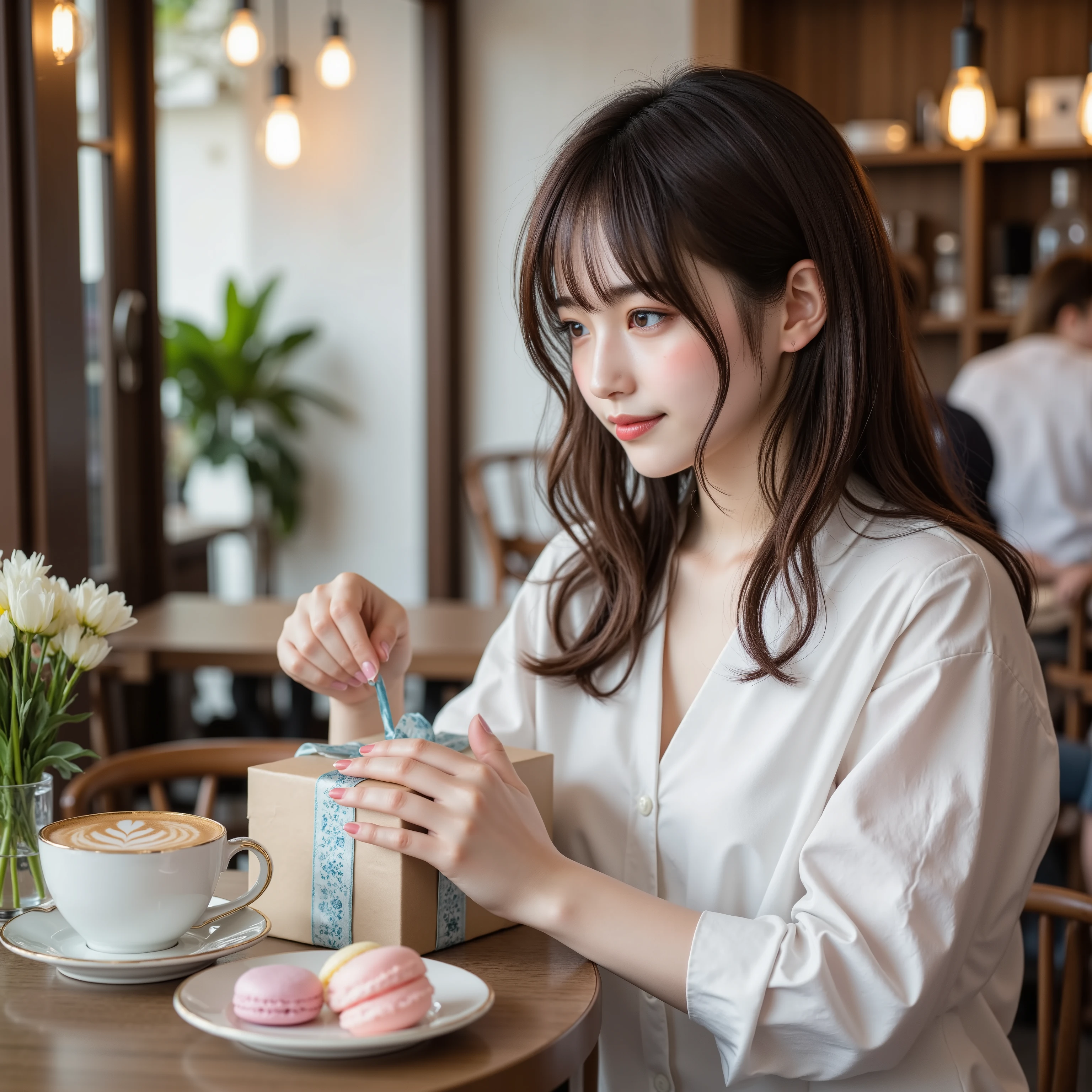 A breathtakingly realistic photograph. A stylish young Japanese female college student,soft wavy hair,no bang brown hair and subtle makeup sits at a table in an elegant cafe receiving a beautifully wrapped White Day gift. The gift is a beige box adorned with a silk blue ribbon reminiscent of high-end boutique packaging. She gently touches the ribbon with her slender hands and gazes at the gift with a natural smile.

The cafe exudes a sophisticated yet cozy atmosphere, with warm indirect lighting from hanging Edison bulbs, wood and marble textures, and lush plants that add a fresh touch. Next to the gift sits an artisanal cappuccino with delicate latte art and a gold-rimmed dessert plate topped with pastel-colored macaroons. The background is softly blurred, creating a bokeh effect with soft light reflections and the casual chatter of other patrons, enhancing the atmosphere.

Shot in **ultra-high resolution 8K, HDR, cinematic lighting**, the lighting on her face and reflective surfaces is dynamic. **Photorealistic depth of field, voluminous lighting, soft shadows, the subtle texture of her skin, and the smooth texture of the fabric and ribbons** enhance the scene. The final composition is a perfect blend of warmth, elegance and realism, making you feel as if time has stood still.
