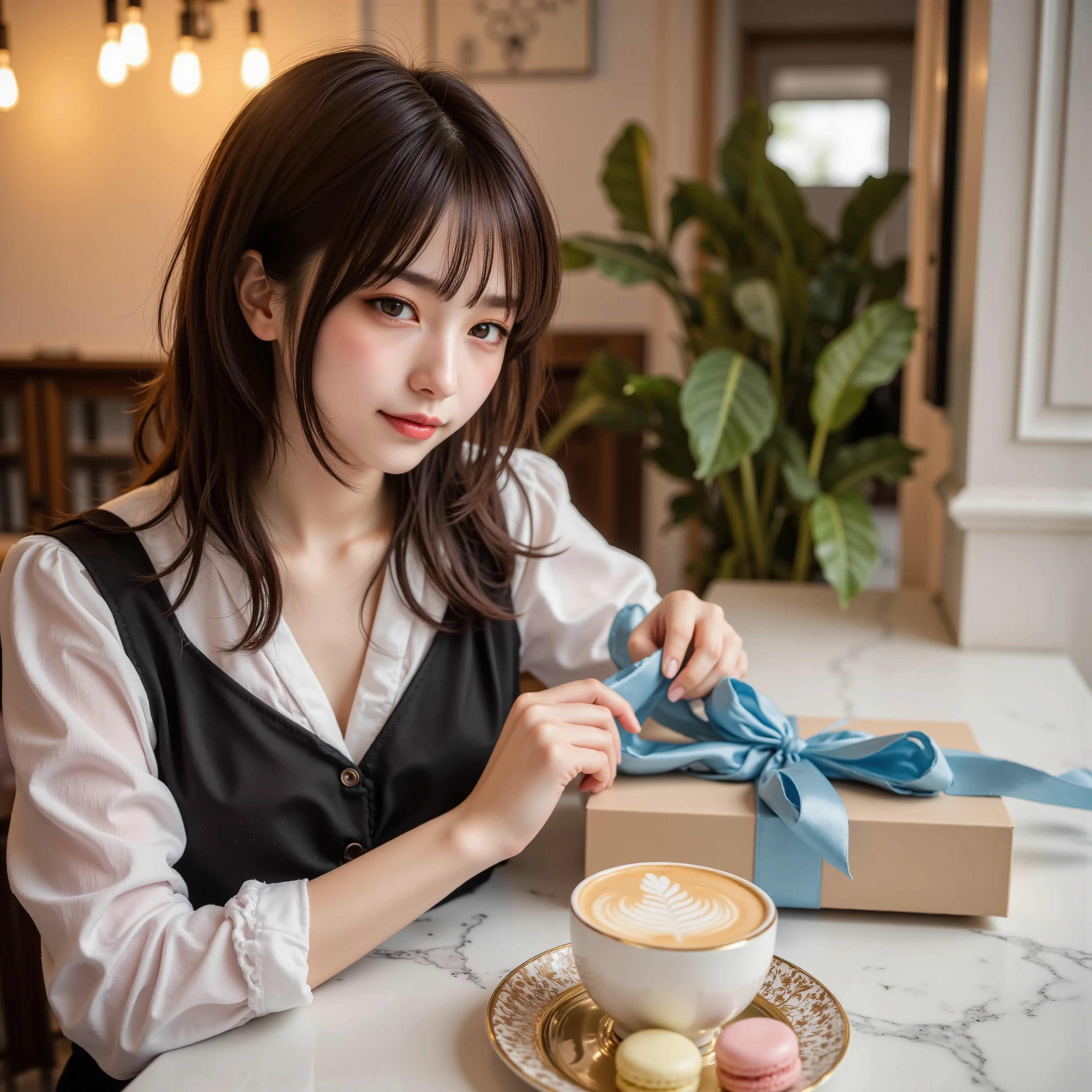 A breathtakingly realistic photograph. A stylish young Japanese female college student with soft wavy no bang brown hair and subtle makeup sits at a table in an elegant cafe receiving a beautifully wrapped White Day gift. The gift is a beige box adorned with a silk blue ribbon reminiscent of high-end boutique packaging. She gently touches the ribbon with her slender hands and gazes at the gift with a natural smile.

The cafe exudes a sophisticated yet cozy atmosphere, with warm indirect lighting from hanging Edison bulbs, wood and marble textures, and lush plants that add a fresh touch. Next to the gift sits an artisanal cappuccino with delicate latte art and a gold-rimmed dessert plate topped with pastel-colored macaroons. The background is softly blurred, creating a bokeh effect with soft light reflections and the casual chatter of other patrons, enhancing the atmosphere.

Shot in **ultra-high resolution 8K, HDR, cinematic lighting**, the lighting on her face and reflective surfaces is dynamic. **Photorealistic depth of field, voluminous lighting, soft shadows, the subtle texture of her skin, and the smooth texture of the fabric and ribbons** enhance the scene. The final composition is a perfect blend of warmth, elegance and realism, making you feel as if time has stood still.