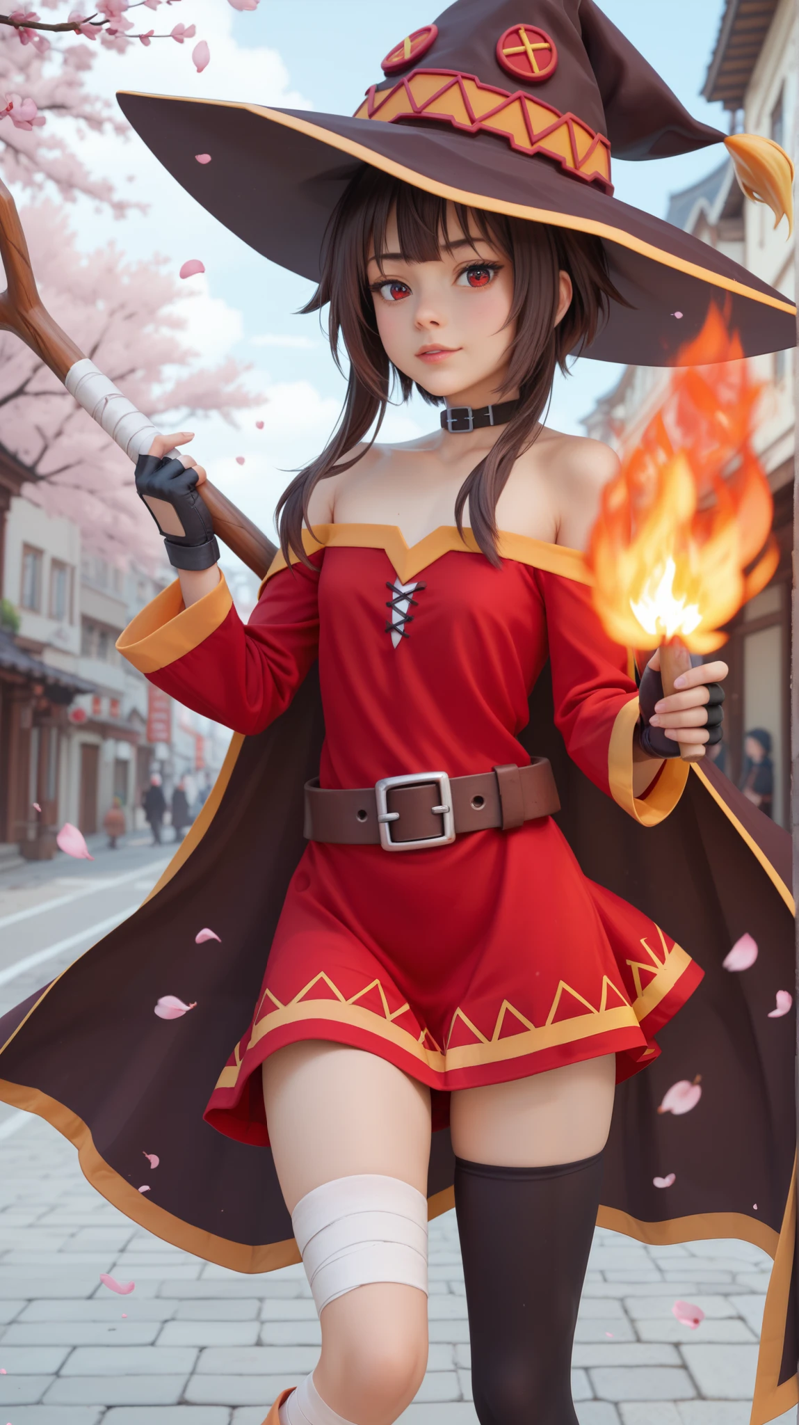 masterpiece, best quality, amazing quality, street, cherry blossoms, outdoors, looking at viewer, close-up, megumin, red eyes, brown hair, short hair with long locks, witch hat, red dress, short dress, off-shoulder dress, collarbone, choker, black thighhighs, belt, bandaged leg, single thighhigh, cape, fingerless gloves, mismatched legwear, asymmetrical legwear, holding, holding weapon, staff, fire, flames