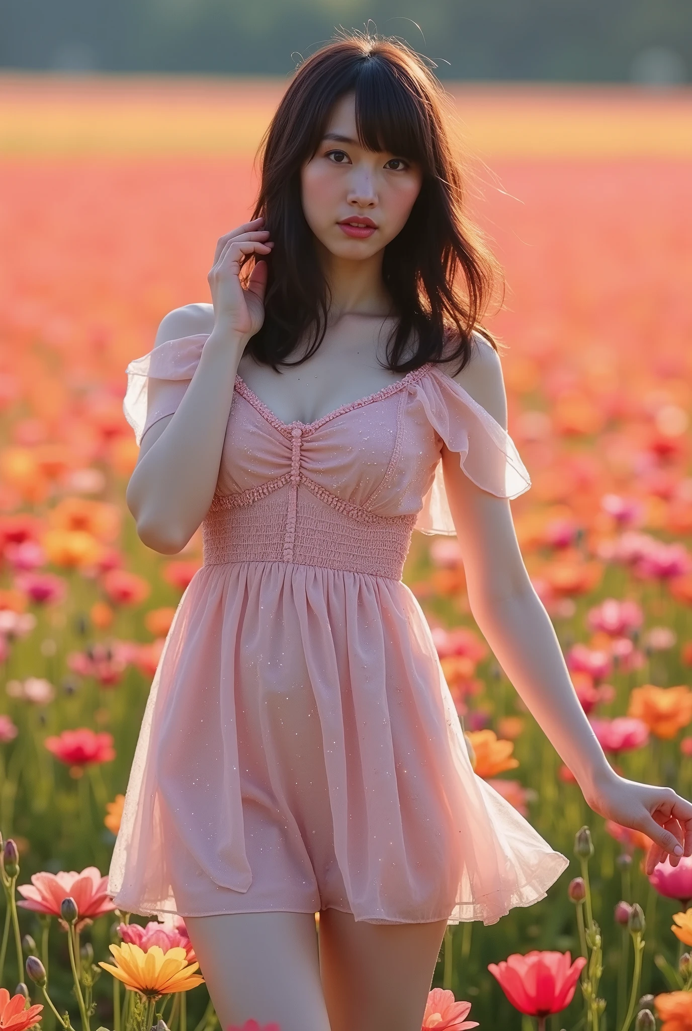 Create a portrait of a stunning Japanese idol wearing a cute mini dress, striking a pose. She has semi-long hair, a slender figure, small breasts, and thin legs. The background features a vast flower field bursting with vibrant colors, illuminated with cinematic lighting.