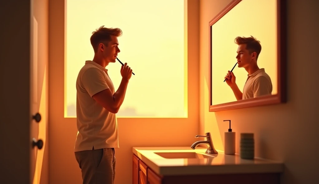 ultra high definition, 3d style image of a man looking at a mirror in a dimly lit bathroom, looking sad and trying to floss his teeth