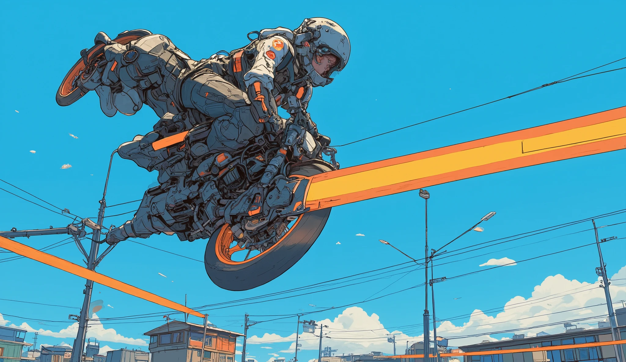 riding an off-road motorcycle doing tricks on a blue background, There is a picture of a cartoon character、Jang Seung-op , polycount, conceptual art, motorcycle concept art , animation art vehicle concept art, bright style illustration, EXTREME ILLUSTRATION, Anime movie style, fanart, Concept Illustration , MODERN CONCEPT ART
