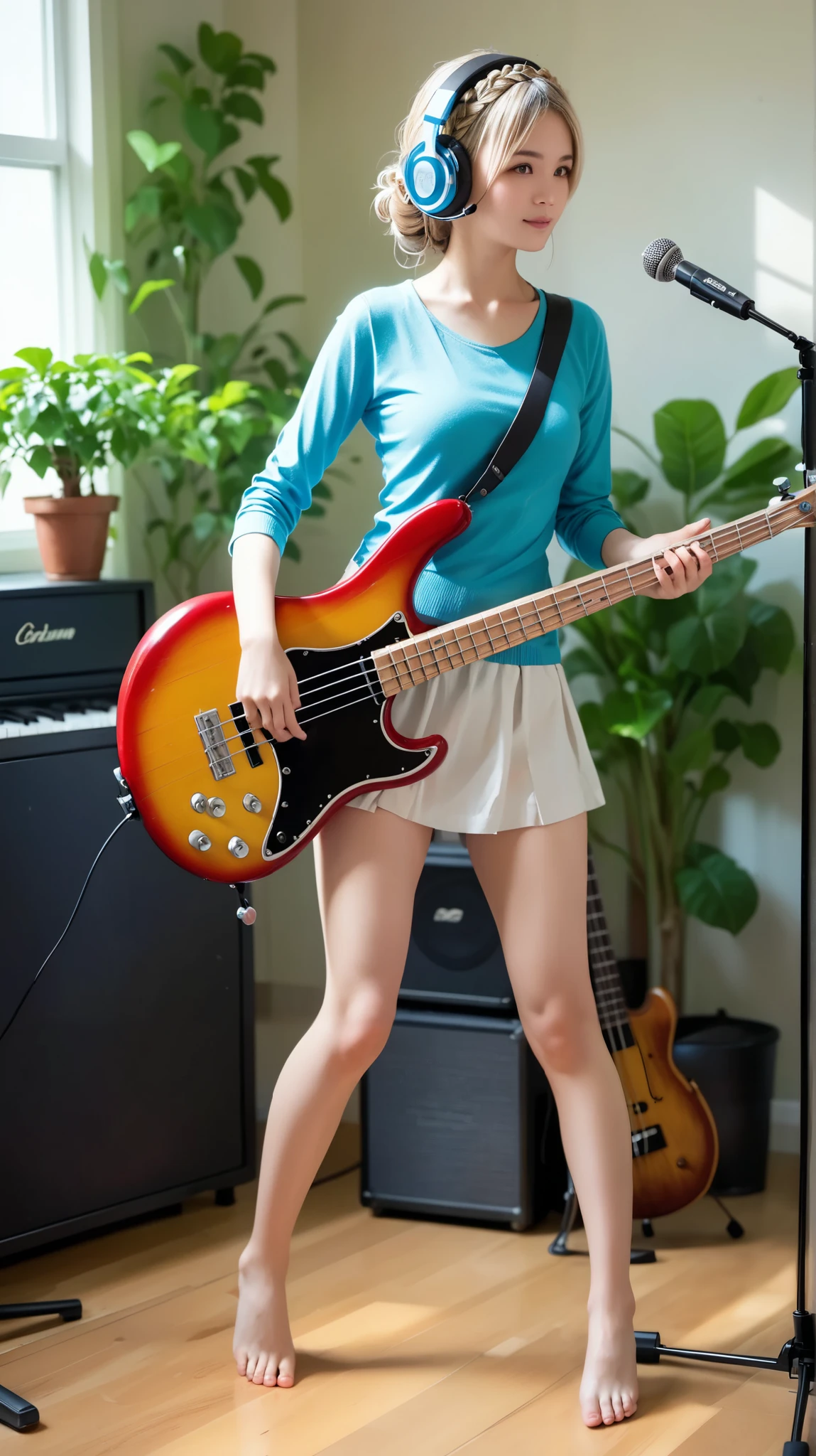 RAW photo、FILM GRAIN、8k、 ultra high definition , realistic 、Very modest room、woman 、trainer、bare feet、minimal household items 、cute20成年woman、break、4real string bass:1.37、Girl practicing bass、Girl practicing electric bass wearing headphones、I'm looking at the music stand、model、French Braid:1.48、 living alone、model、perfect anatomy, 1人woman:1.37、Orchid plant