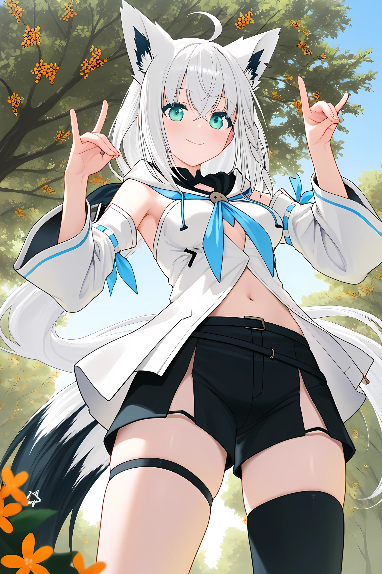 high quality,4K,8k, ultra-fine in 8K,HDR,UHD,Ultra Fine Art,Sharp Focus,Physically Based Rendering,Super Detail,professional,vibrant colors,bokeh,Outdoors,blue sky,Osmanthus tree,shirakami fubuki/Hololive,Fubuki_base, white blouse, detached sleeves, black shorts, blue neckerchief, thigh strap, single thighhigh, white hair, single side braid, ahoge, piercing, fox tail,One Woman,gentle face,smile,is standing,textured skin,natural light,soft light,Delicate skin,smooth curves,Sensual,delicate,fascinating,delicate texture,Three-dimensional,Brilliant Light,Fox pose hand sign,