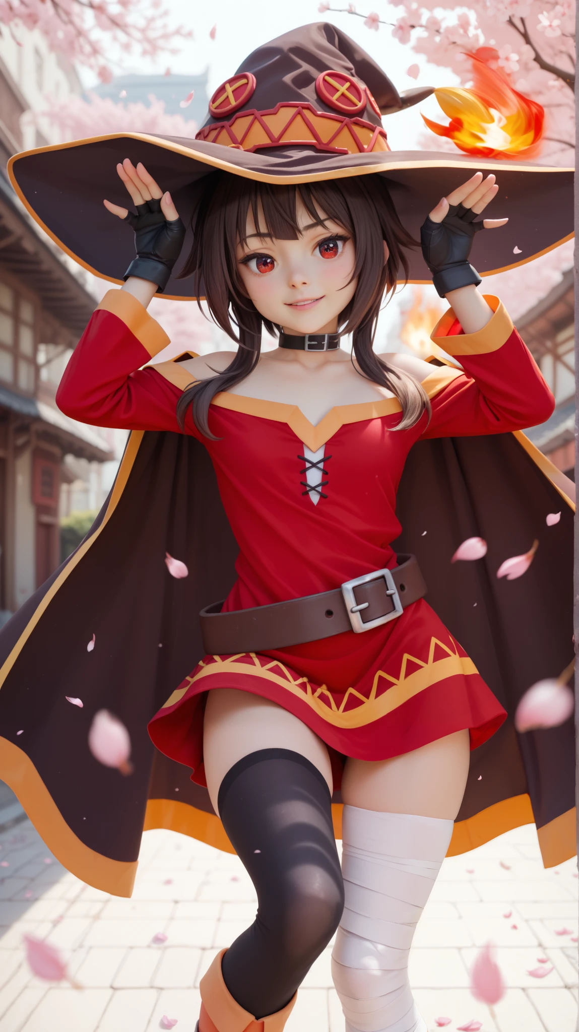 masterpiece, best quality, amazing quality, street, cherry blossoms, outdoors, looking at viewer, close-up, megumin, red eyes, brown hair, short hair with long locks, witch hat, red dress, short dress, off-shoulder dress, collarbone, choker, black thighhighs, belt, bandaged leg, single thighhigh, cape, fingerless gloves, mismatched legwear, asymmetrical legwear, fire, flames, rabbit pose, :o