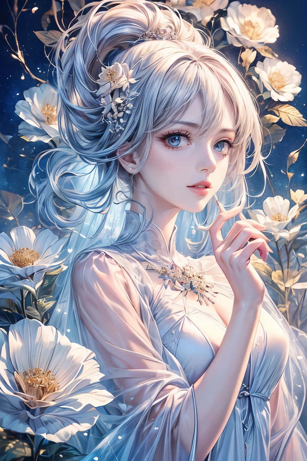 (highest quality,8k,CG,Beautiful details upper body,Lonely,Thumb Girl,tulle coat dress,Floral Background,complex facial features,Long flowing hair,Almond-shaped eyes,exquisite eye makeup,Long, fluttering eyelashes,Blinking big eyes,Starry Sky,Exquisite lip detail,Soft and harmonious style)