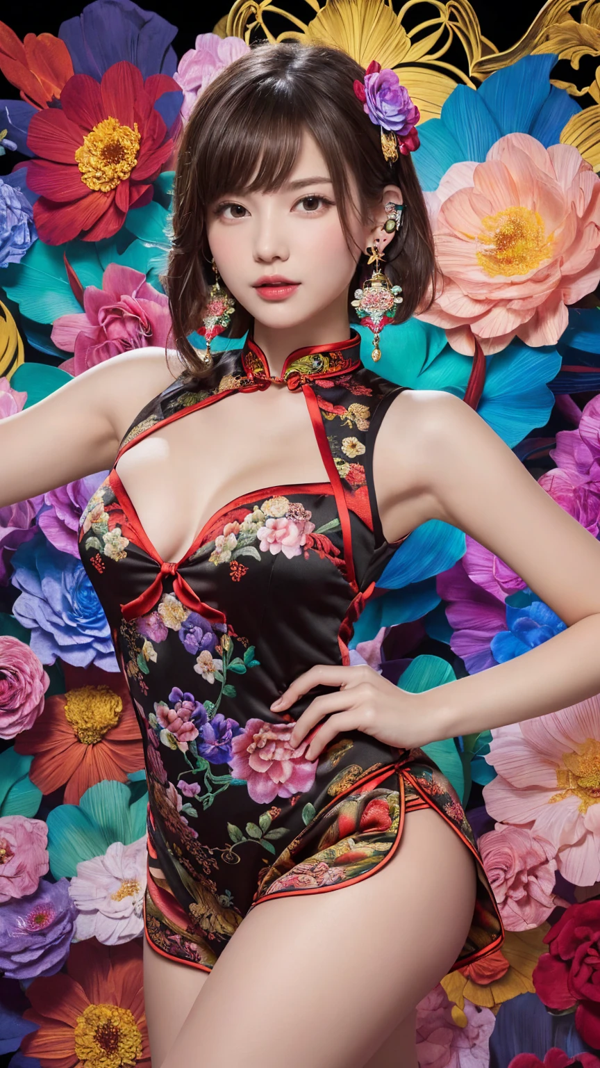 (masterpiece, top quality, best quality, official art, beautiful and aesthetic:1.2), (1girl:1.3), extremely detailed,(fractal art:1.1),(colorful:1.1)(flowers:1.3),highest detailed,(zentangle:1.2), (randam dynamic model pose), (abstract background:1.3), (black chinese dress:1.4), (shiny skin), (many colors:1.4), ,(earrings:1.4),big eyes,(realistic sprited away yubaba:1.3),smile,whole body,full body shot, (head to thigh:1.4)