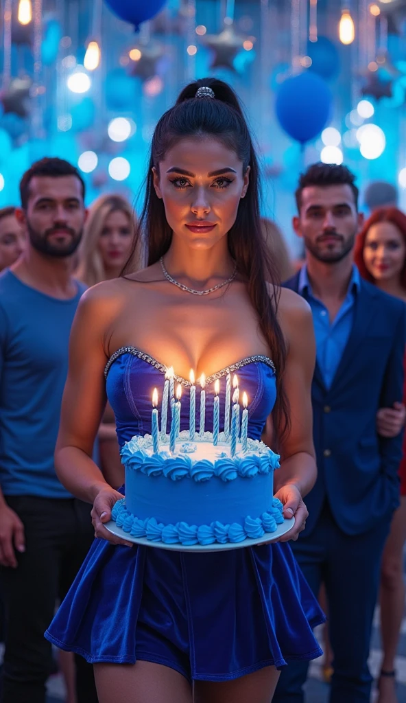 49th birthday celebration dinner showing 1 extremely beautiful lady and 1 good looking gentleman wearing upscale attires, the lady is wearing a diamond necklace with a cross at the end, hyper realistic, UHD image, romantic vibe. Both people are facing camera. The gentleman is giving a birthday give to the lady. There is a cake with candle number 49 and message "for Diah". A banner behind with showing the date of 07 September 2024. Surrounding with friends and relatives