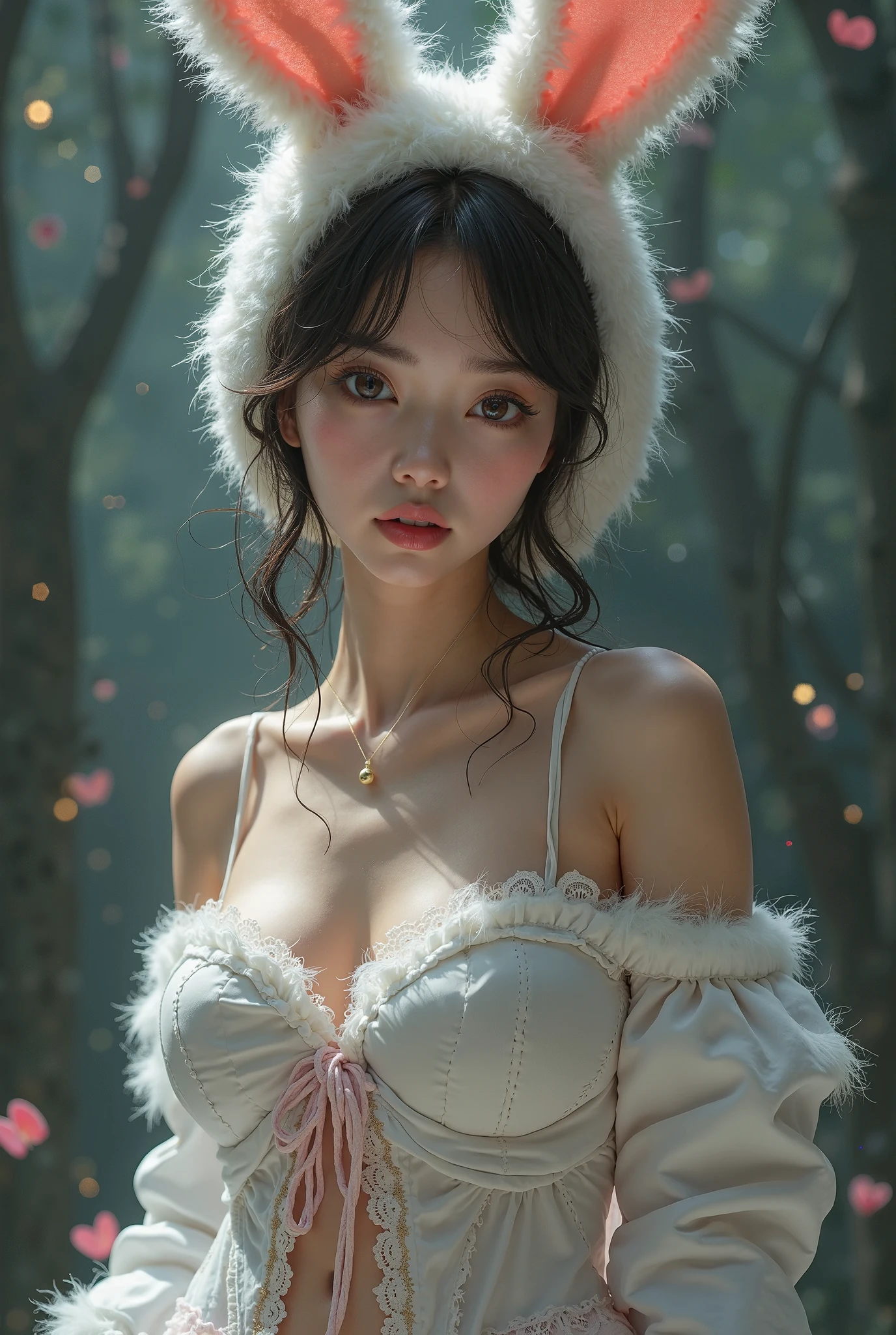 one woman, short black hair, snow white Disney, lingerie, in a forest, sexy pose, sexy body, well defined body, detailed body, high quality, masterpiece, 4k, red headband, snow white from fairy tales