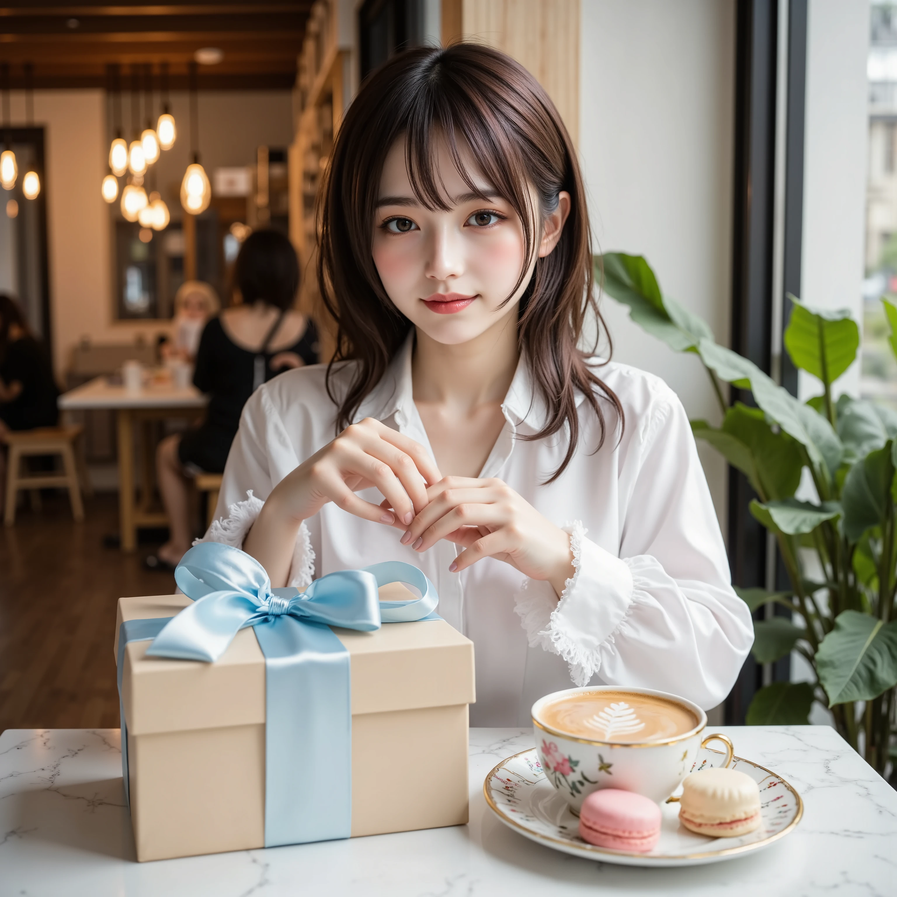 A breathtakingly realistic photograph. A stylish young Japanese female college student with soft wavy no bang brown hair and subtle makeup sits at a table in an elegant cafe receiving a beautifully wrapped White Day gift. The gift is a beige box adorned with a silk blue ribbon reminiscent of high-end boutique packaging. She gently touches the ribbon with her slender hands and gazes at the gift with a natural smile.
The cafe exudes a sophisticated yet cozy atmosphere, with warm indirect lighting from hanging Edison bulbs, wood and marble textures, and lush plants that add a fresh touch. Next to the gift sits an artisanal cappuccino with delicate latte art and a gold-rimmed dessert plate topped with pastel-colored macaroons. The background is softly blurred, creating a bokeh effect with soft light reflections and the casual chatter of other patrons, enhancing the atmosphere.
Shot in **ultra-high resolution 8K, HDR, cinematic lighting**, the lighting on her face and reflective surfaces is dynamic. **Photorealistic depth of field, voluminous lighting, soft shadows, the subtle texture of her skin, and the smooth texture of the fabric and ribbons** enhance the scene. The final composition is a perfect blend of warmth, elegance and realism, making you feel as if time has stood still.