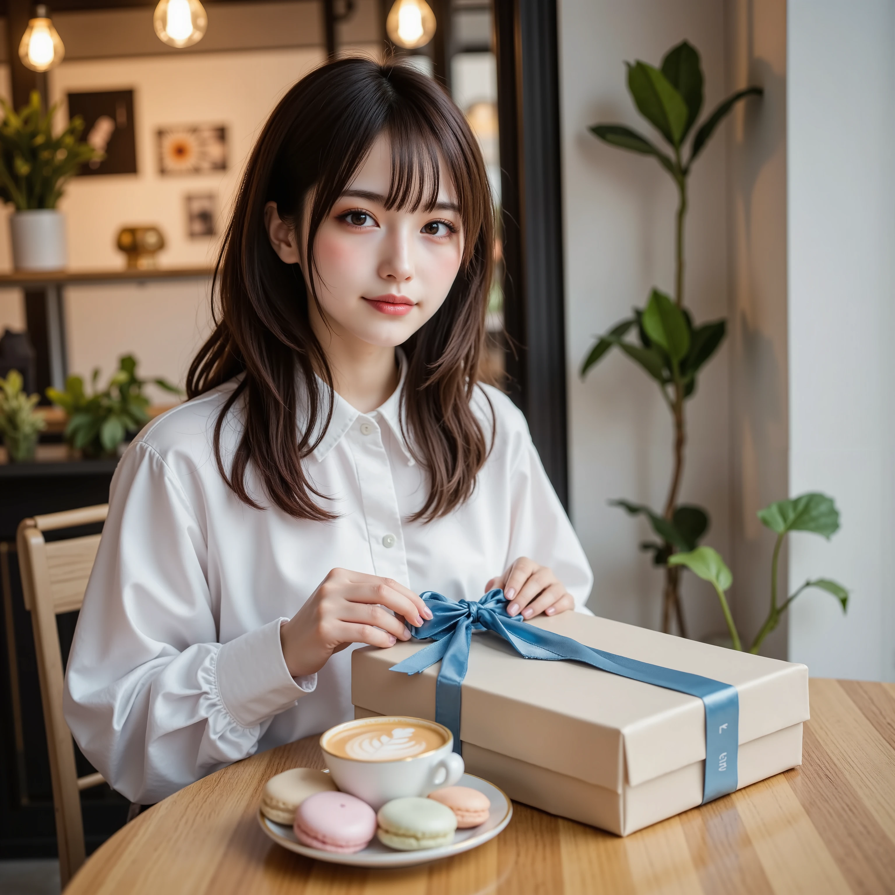 A breathtakingly realistic photograph. A stylish young Japanese female college student with soft wavy no bang brown hair and subtle makeup sits at a table in an elegant cafe receiving a beautifully wrapped White Day gift. The gift is a beige box adorned with a silk blue ribbon reminiscent of high-end boutique packaging. She gently touches the ribbon with her slender hands and gazes at the gift with a natural smile.
The cafe exudes a sophisticated yet cozy atmosphere, with warm indirect lighting from hanging Edison bulbs, wood and marble textures, and lush plants that add a fresh touch. Next to the gift sits an artisanal cappuccino with delicate latte art and a gold-rimmed dessert plate topped with pastel-colored macaroons. The background is softly blurred, creating a bokeh effect with soft light reflections and the casual chatter of other patrons, enhancing the atmosphere.
Shot in **ultra-high resolution 8K, HDR, cinematic lighting**, the lighting on her face and reflective surfaces is dynamic. **Photorealistic depth of field, voluminous lighting, soft shadows, the subtle texture of her skin, and the smooth texture of the fabric and ribbons** enhance the scene. The final composition is a perfect blend of warmth, elegance and realism, making you feel as if time has stood still.