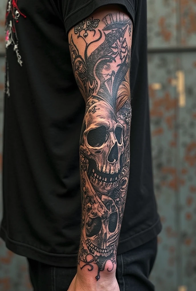 Create a full forearm tattoo design that has skulls and crows