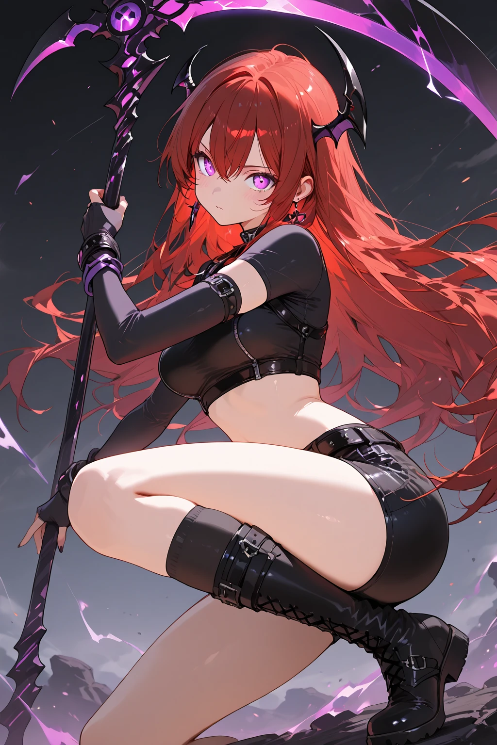 Orange Eyes、Dark orange hair、Small breasts、A single bun with slightly longer hair down、Black hoodie、female、In a narrow dungeon covered with moss、laughing、sword、alone