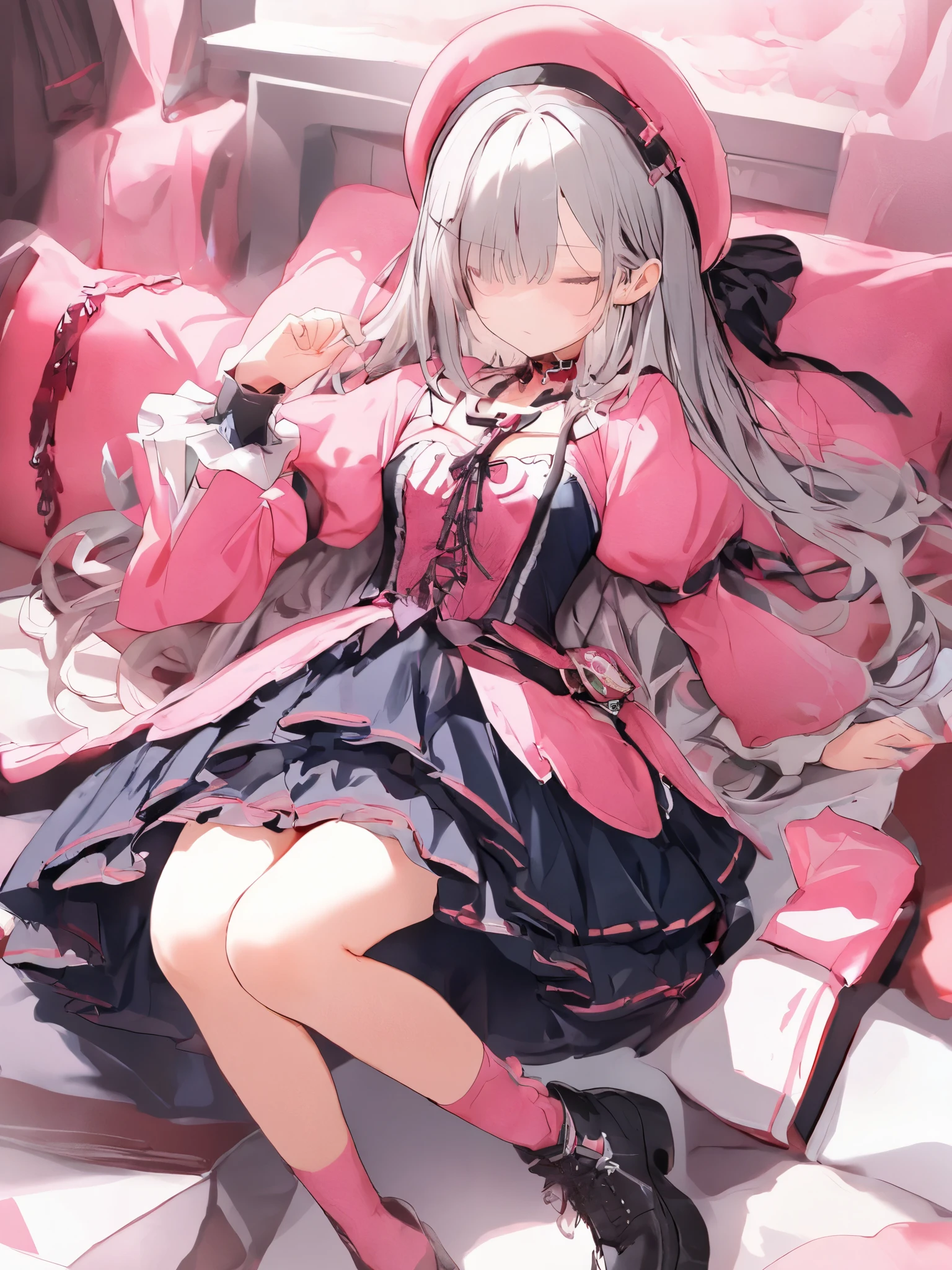 Anime girl in pink dress sitting on a bed with pink pillows - SeaArt AI